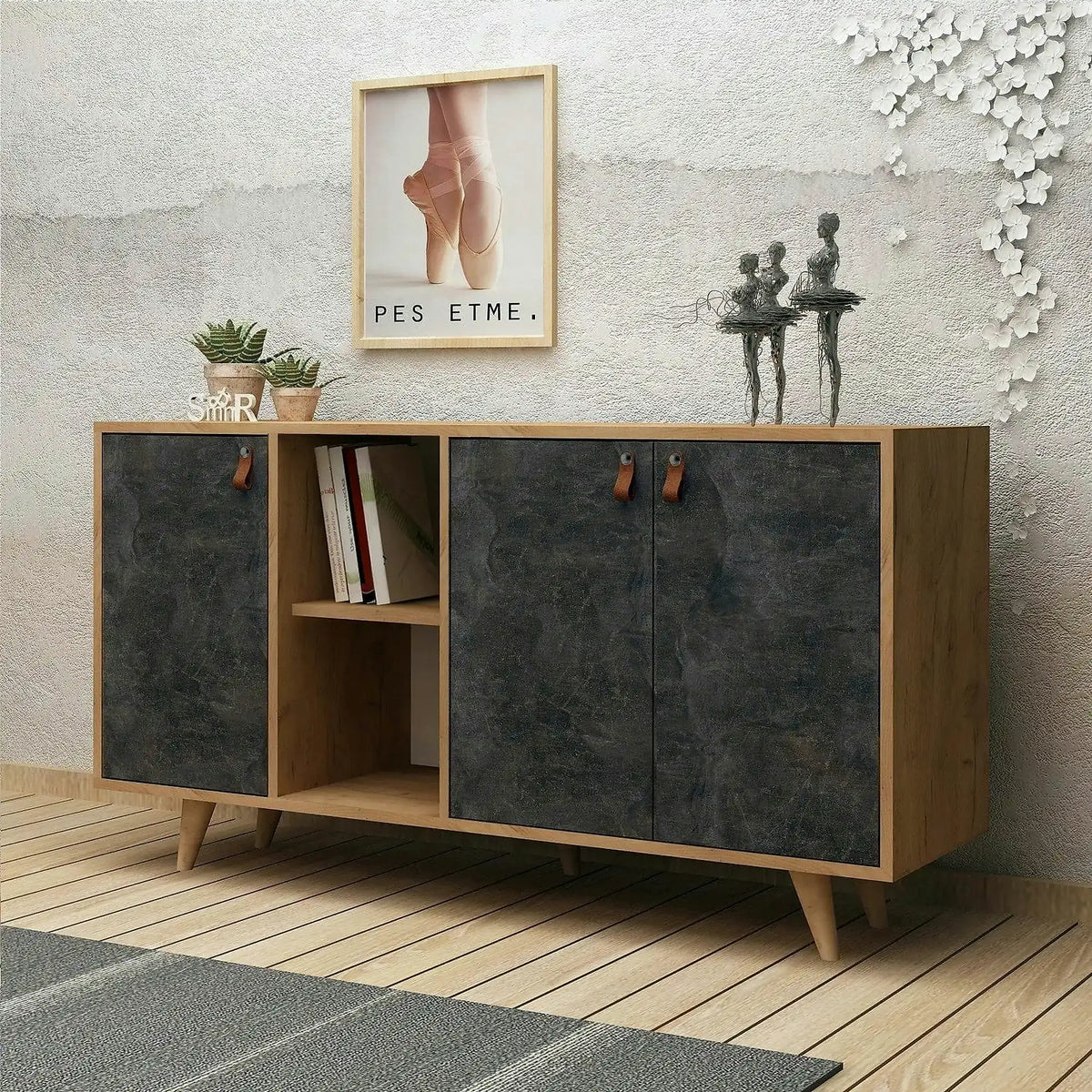Comoda Planky,stejar/gri antracit, PAL melaminat, 140x40x86 cm