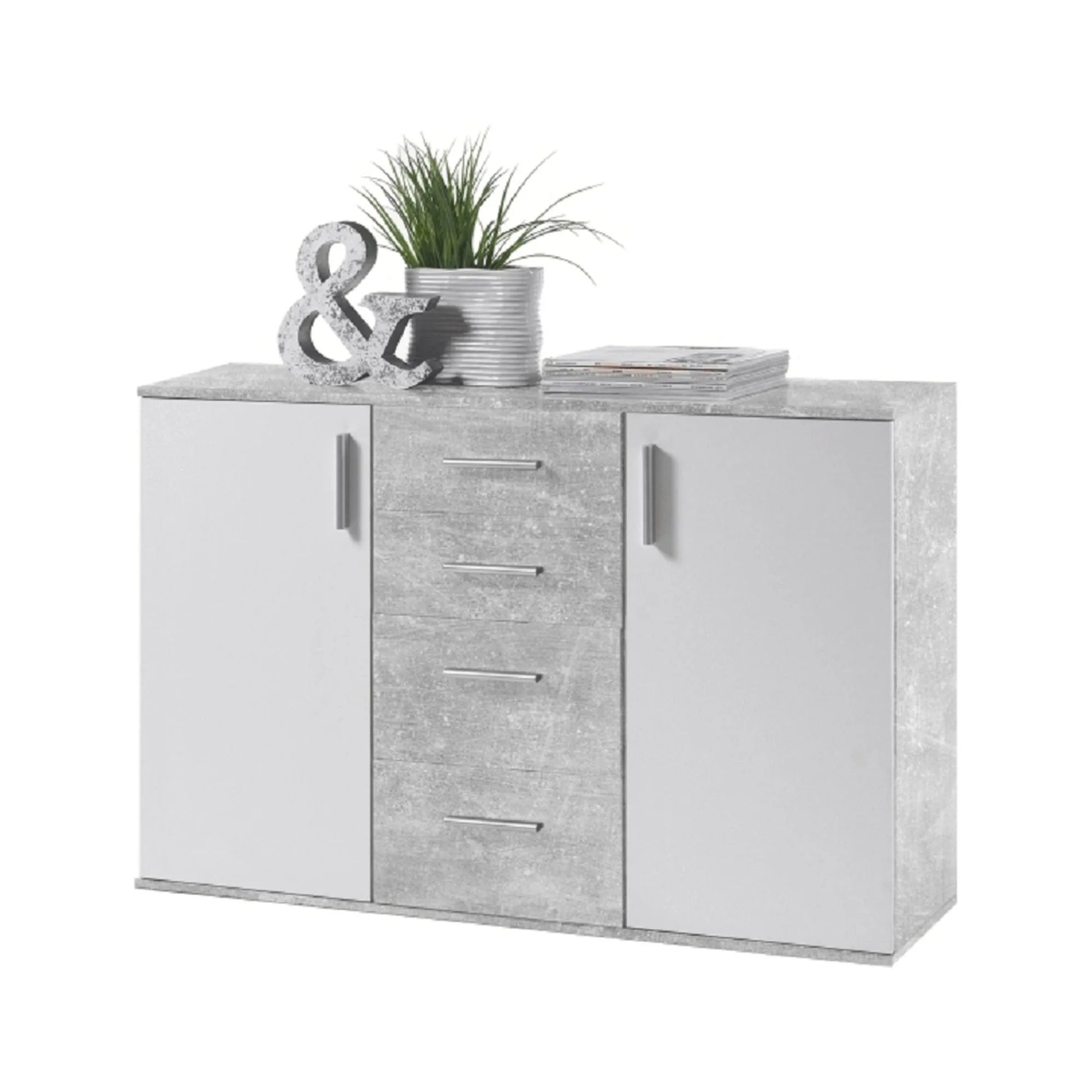 Comoda POPPY 5, alb/gri ciment, PAL melaminat, 120x35x82 cm