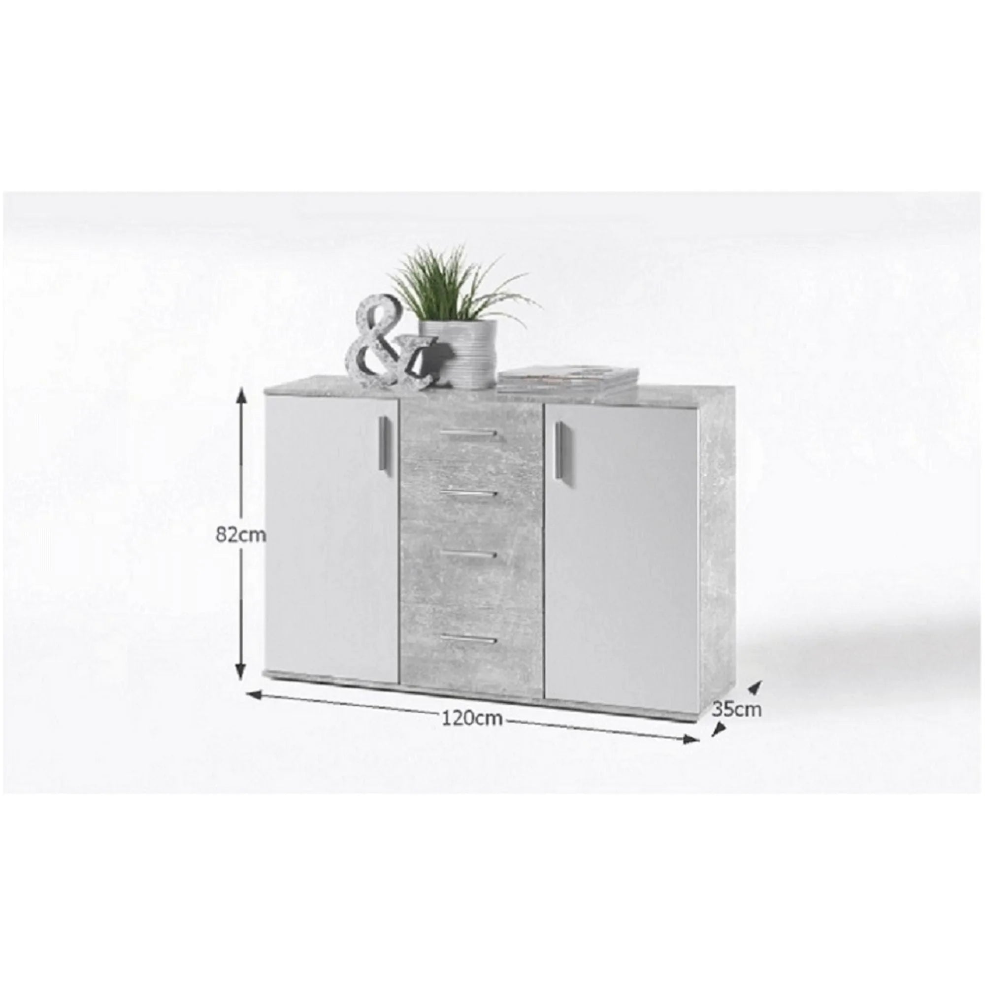 Comoda POPPY 5, alb/gri ciment, PAL melaminat, 120x35x82 cm