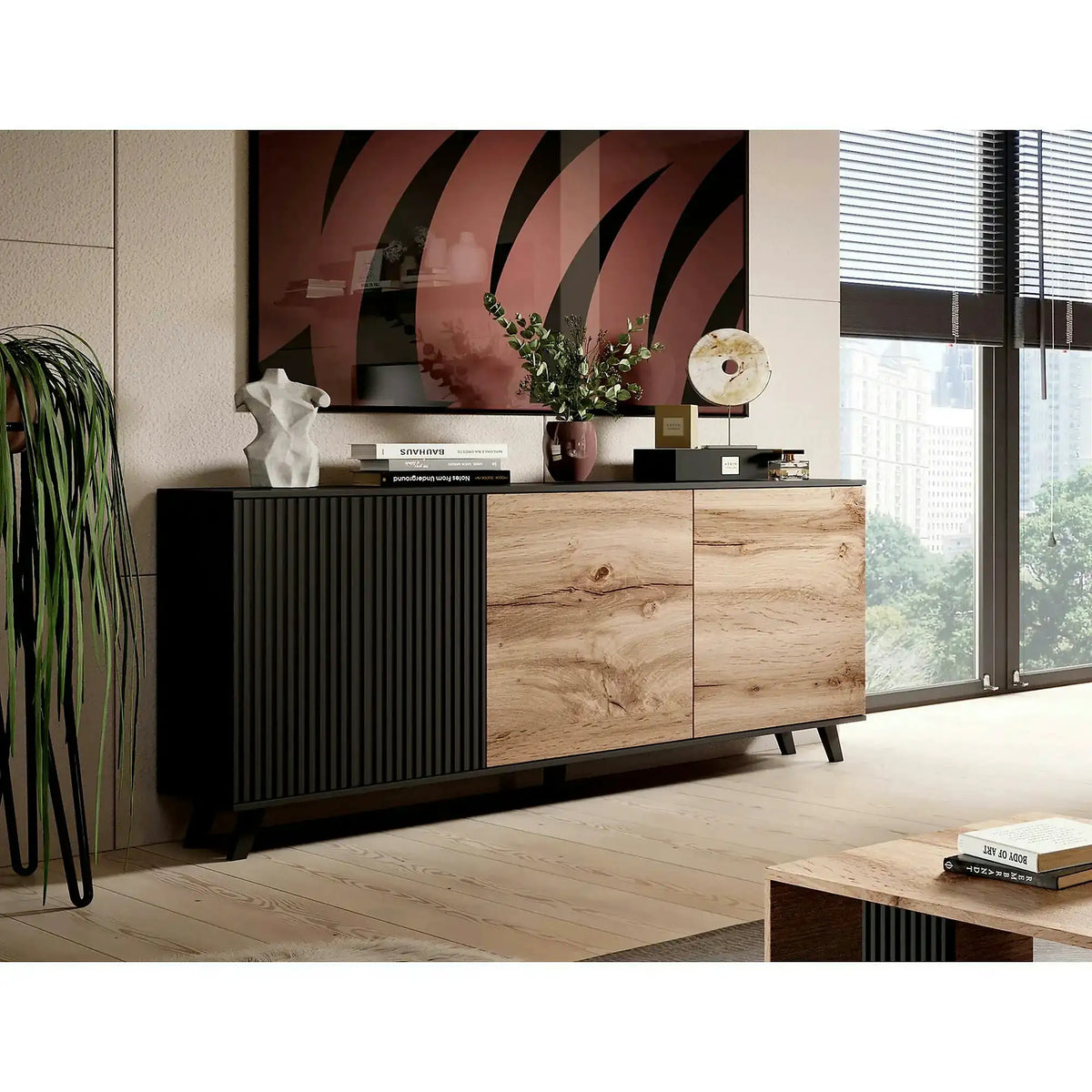 Comoda RANDOM KM-1, stejar wotan/negru, PAL furniruit, 160x40x82 cm