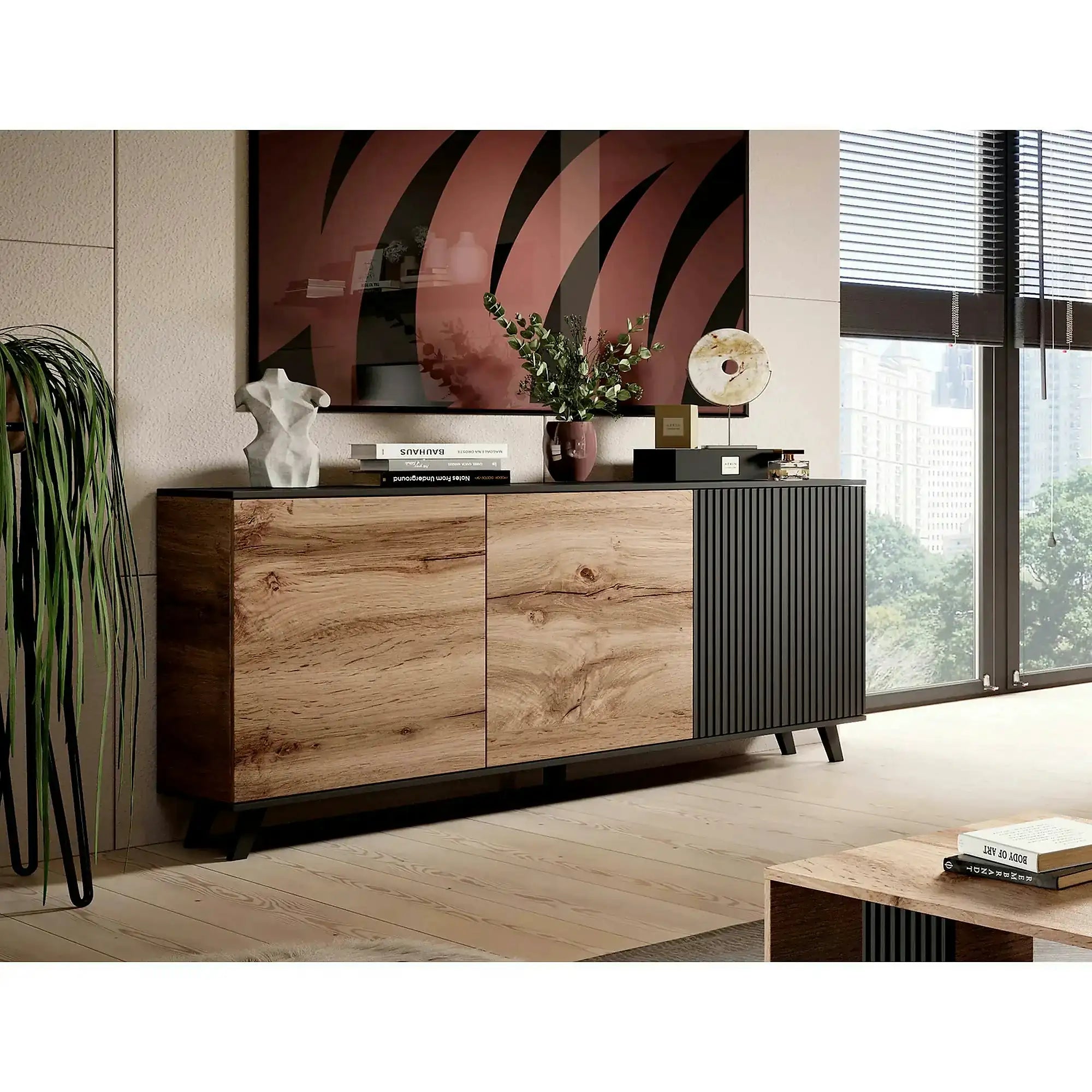 Comoda RANDOM KM-1, stejar wotan/negru, PAL furniruit, 160x40x82 cm