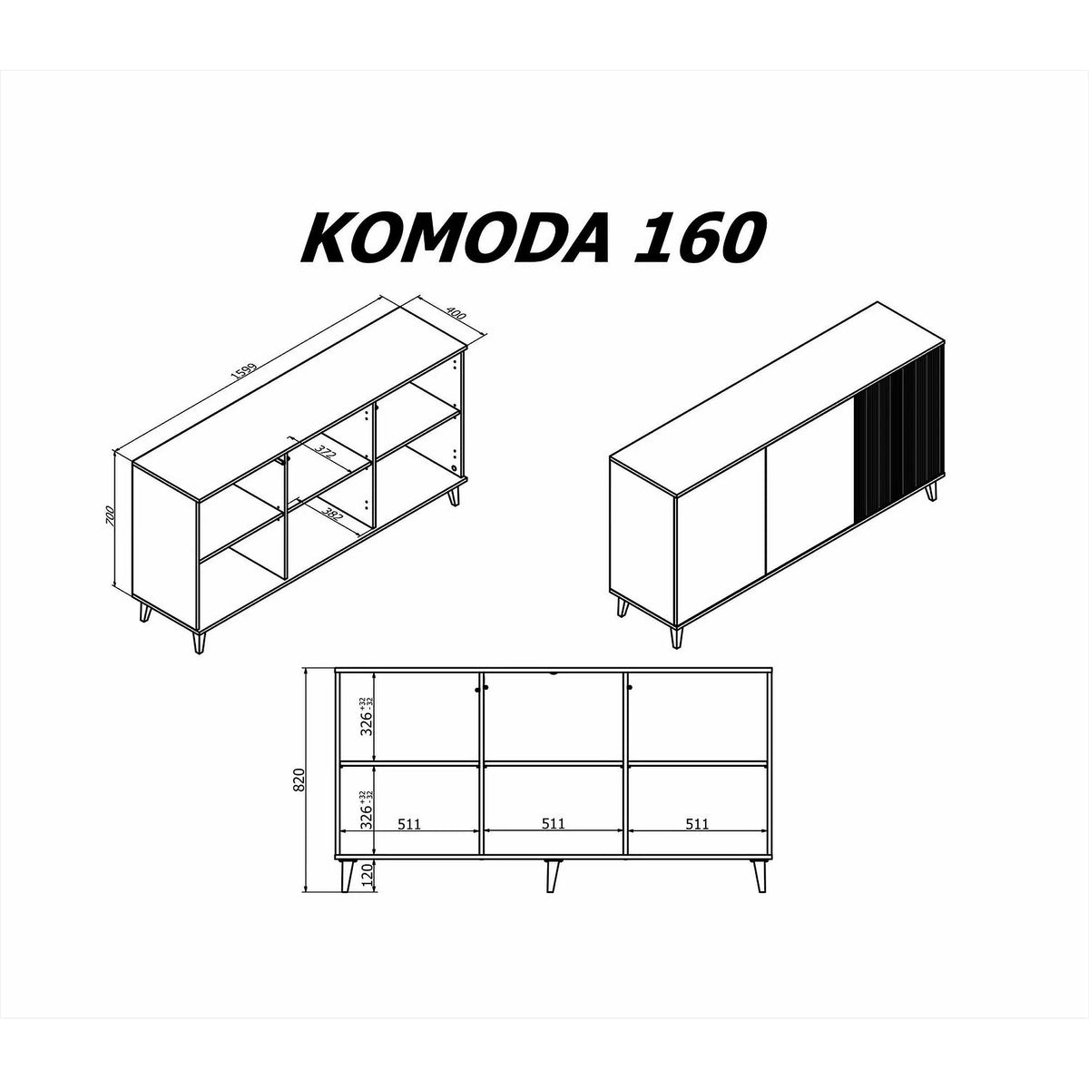 Comoda RANDOM KM-1, stejar wotan/negru, PAL furniruit, 160x40x82 cm
