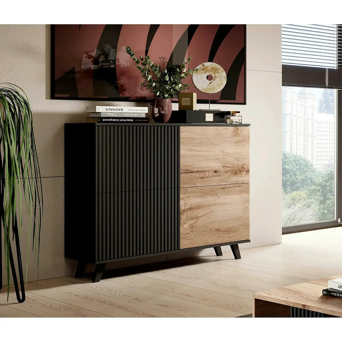 Comoda RANDOM KM-2, stejar wotan/negru, PAL furniruit, 100x40x95 cm