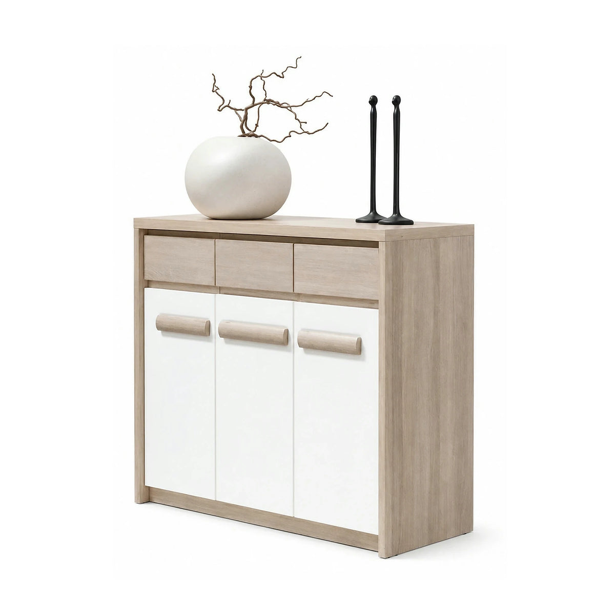 Comoda ROMA 12, stejar Ferrara/alb lucios/gri mat, PAL/PVC, 135x43x104 cm
