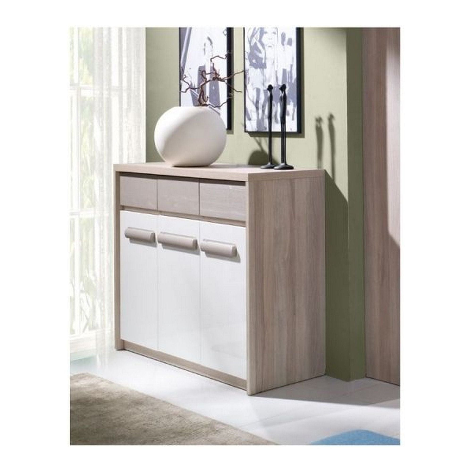 Comoda ROMA 12, stejar Ferrara/alb lucios/gri mat, PAL/PVC, 135x43x104 cm