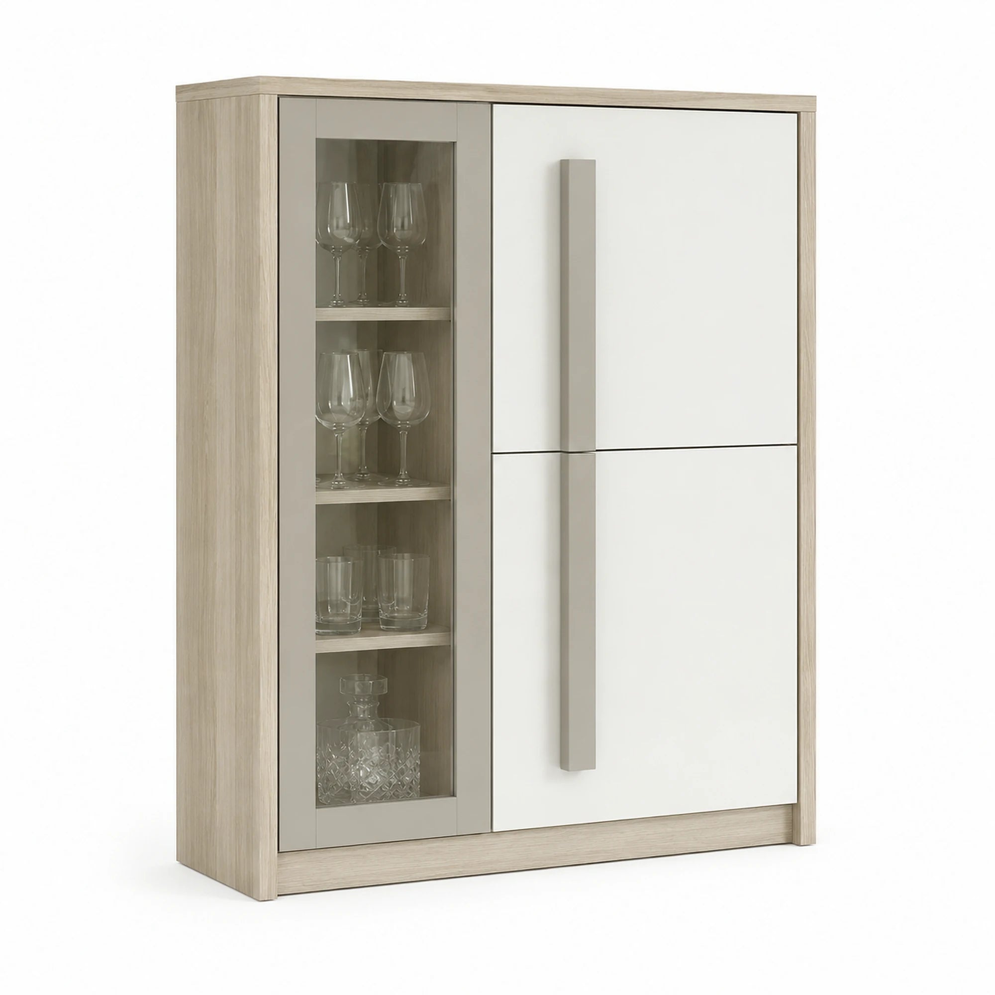 Comoda ROMA 2A, alb/stejar, PAL/PVC/sticla, 90x43x130 cm