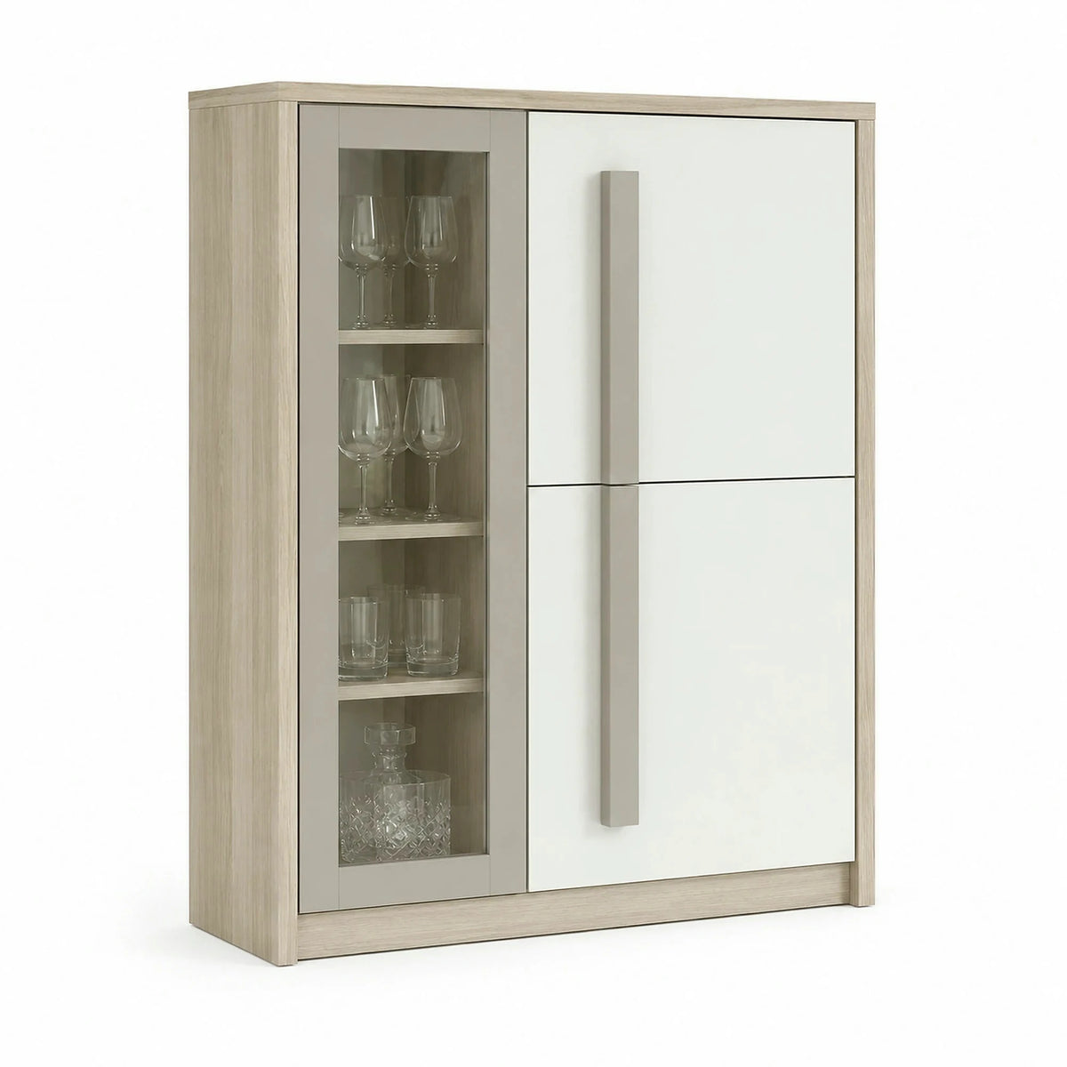 Comoda ROMA 2A, alb/stejar, PAL/PVC/sticla, 90x43x130 cm