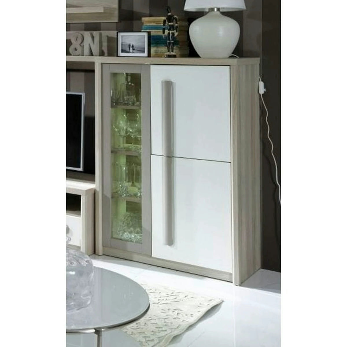 Comoda ROMA 2A, alb/stejar, PAL/PVC/sticla, 90x43x130 cm