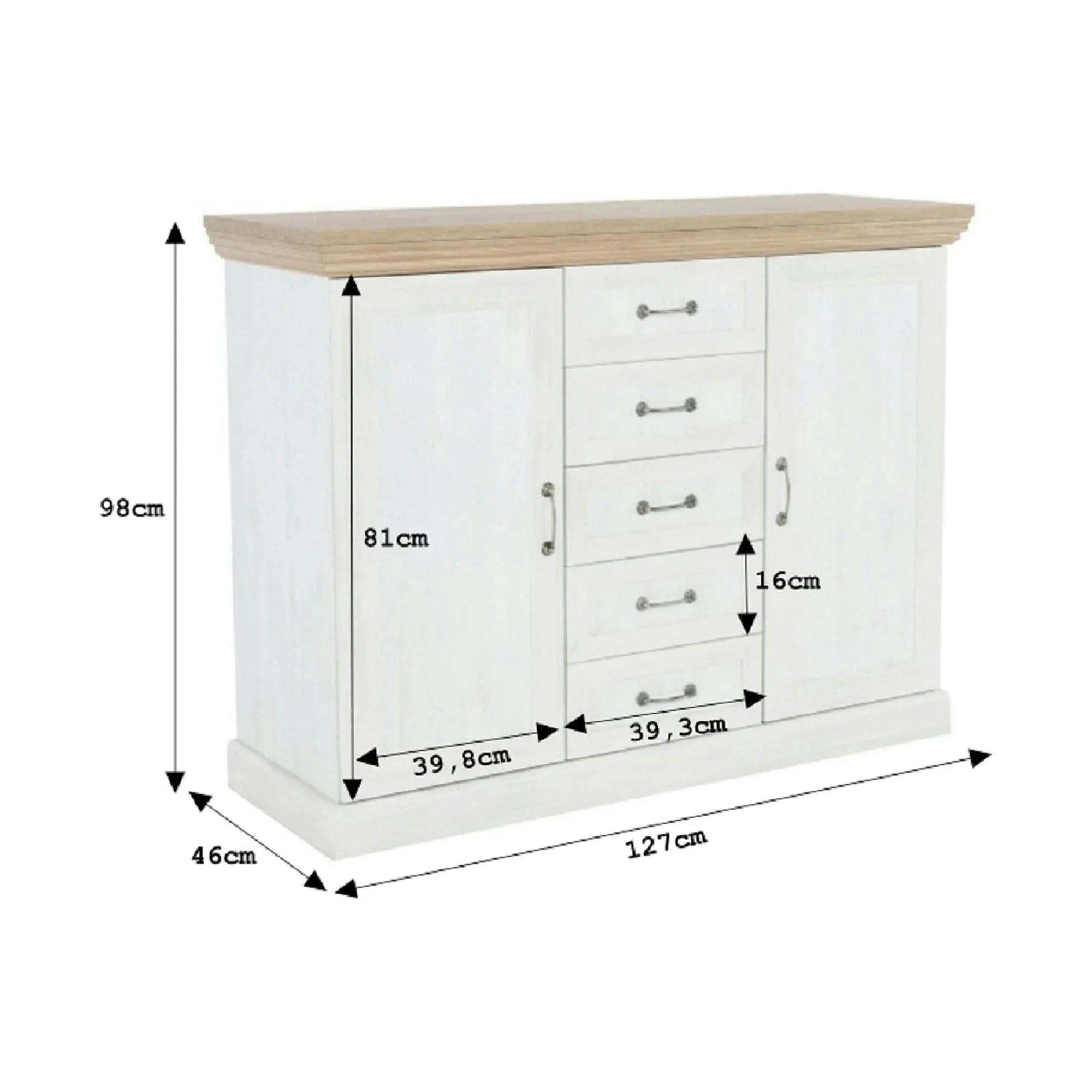 Comoda ROYAL K2D, PAL, pin nordic/stejar sălbatic, 127x46X98 cm