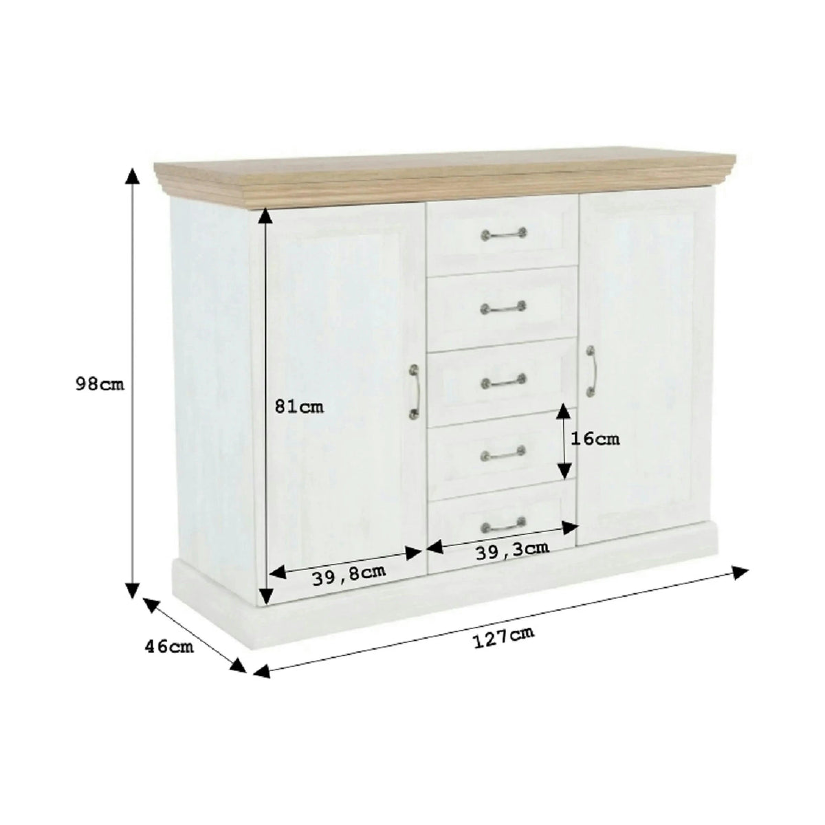 Comoda ROYAL K2D, PAL, pin nordic/stejar sălbatic, 127x46X98 cm