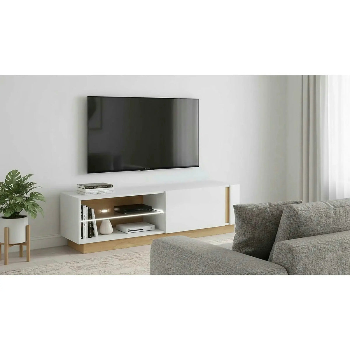 Comoda RTV CITY, stejar grandson/alb lucios, PAL melaminat, 138x40x46 cm