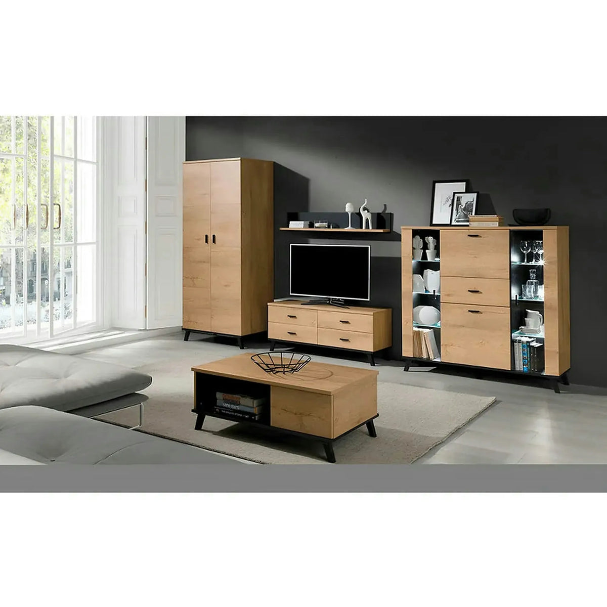 Comoda SIRAN TYP 3, stejar lefkas/negru, DTD laminat/plastic, cu iluminare LED, 131x40x131 cm