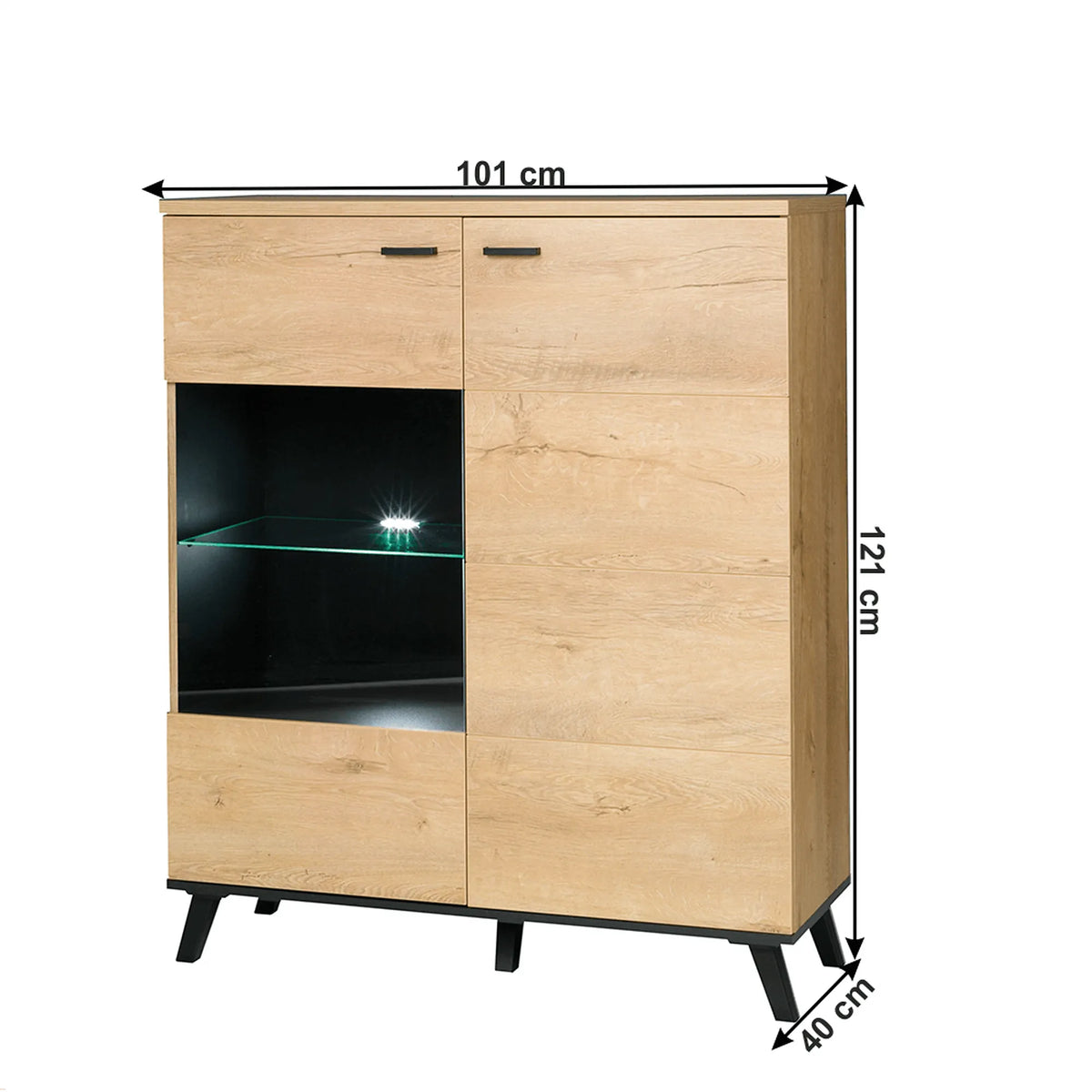 Comoda SIRAN TYP 4, stejar lefkas/negru, DTD laminat/plastic, cu iluminare LED, 101x40x121 cm