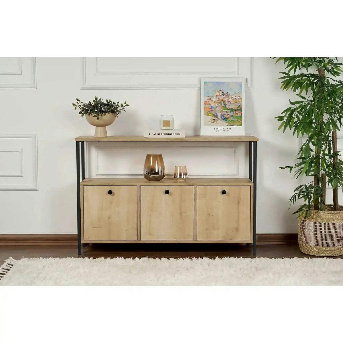 Comoda SOLACE, stejar/negru, PAL/metal, 120x30x77 cm