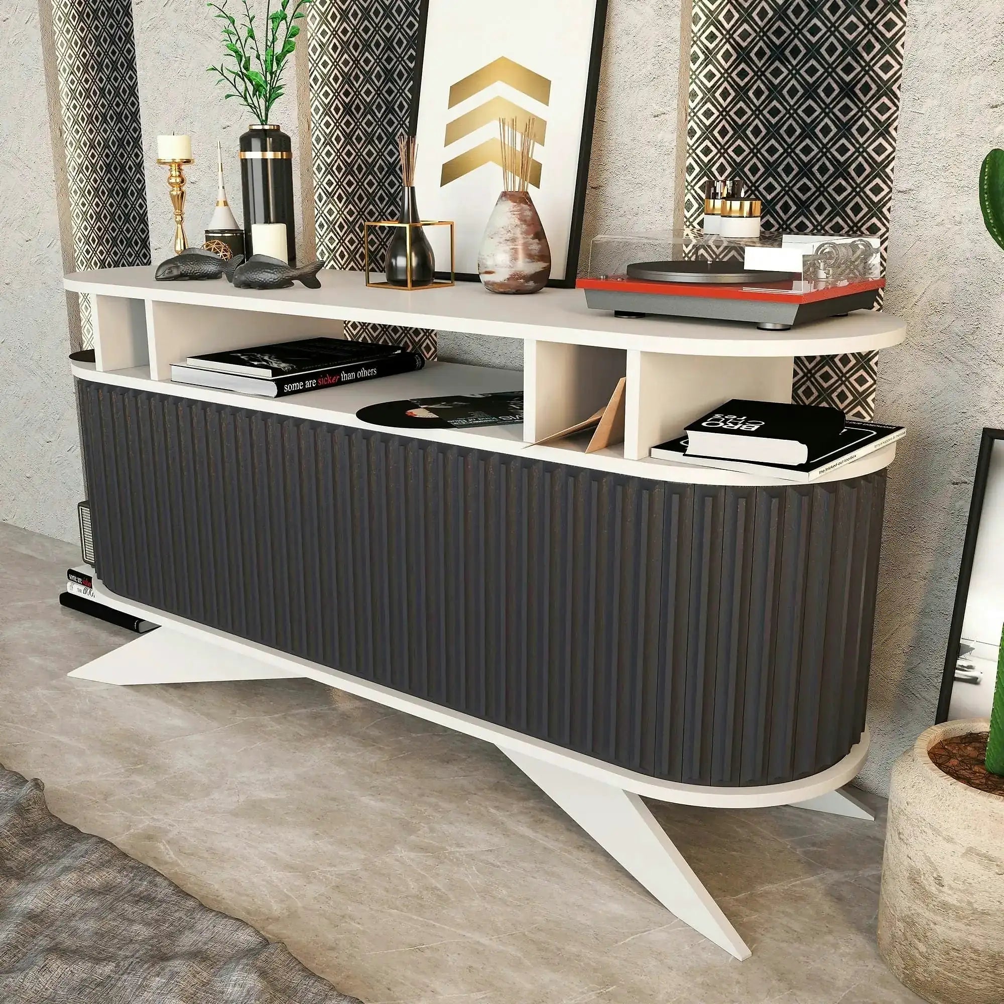 Comoda STOR, alb/gri antracit, PAL melaminat, 150x43x75 cm