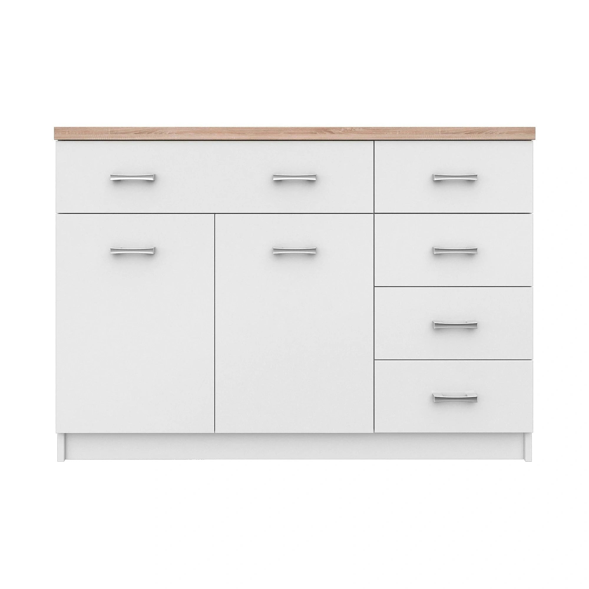 Comoda TOP MIX, alb/stejar sonoma, PAL laminat, cu 2 usi si 5 sertare, 120x33x85 cm
