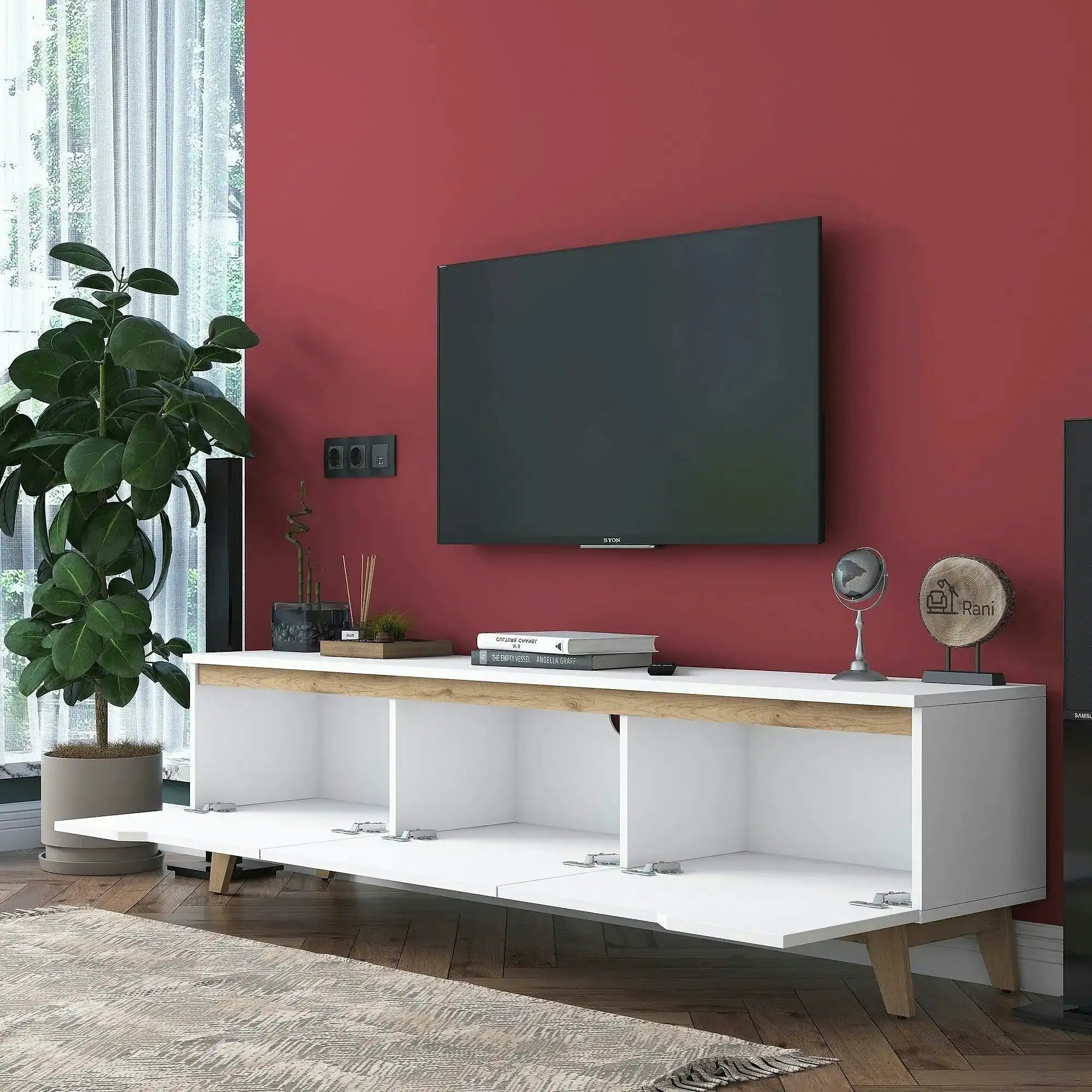 Comoda TV, alb/stejar, PAL, 180x35x49 cm