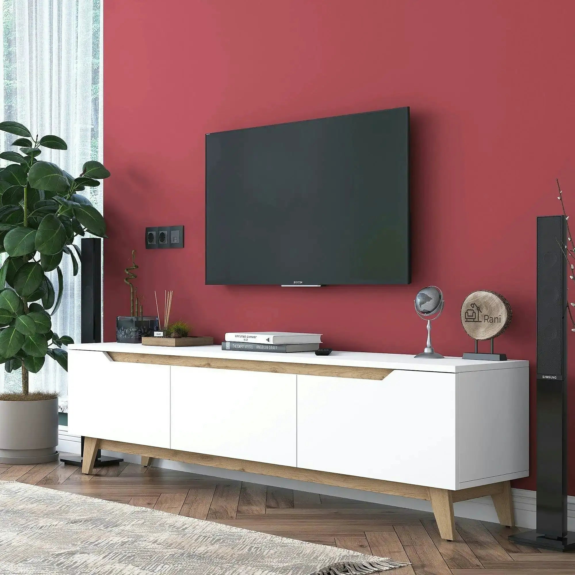Comoda TV, alb/stejar, PAL, 180x35x49 cm