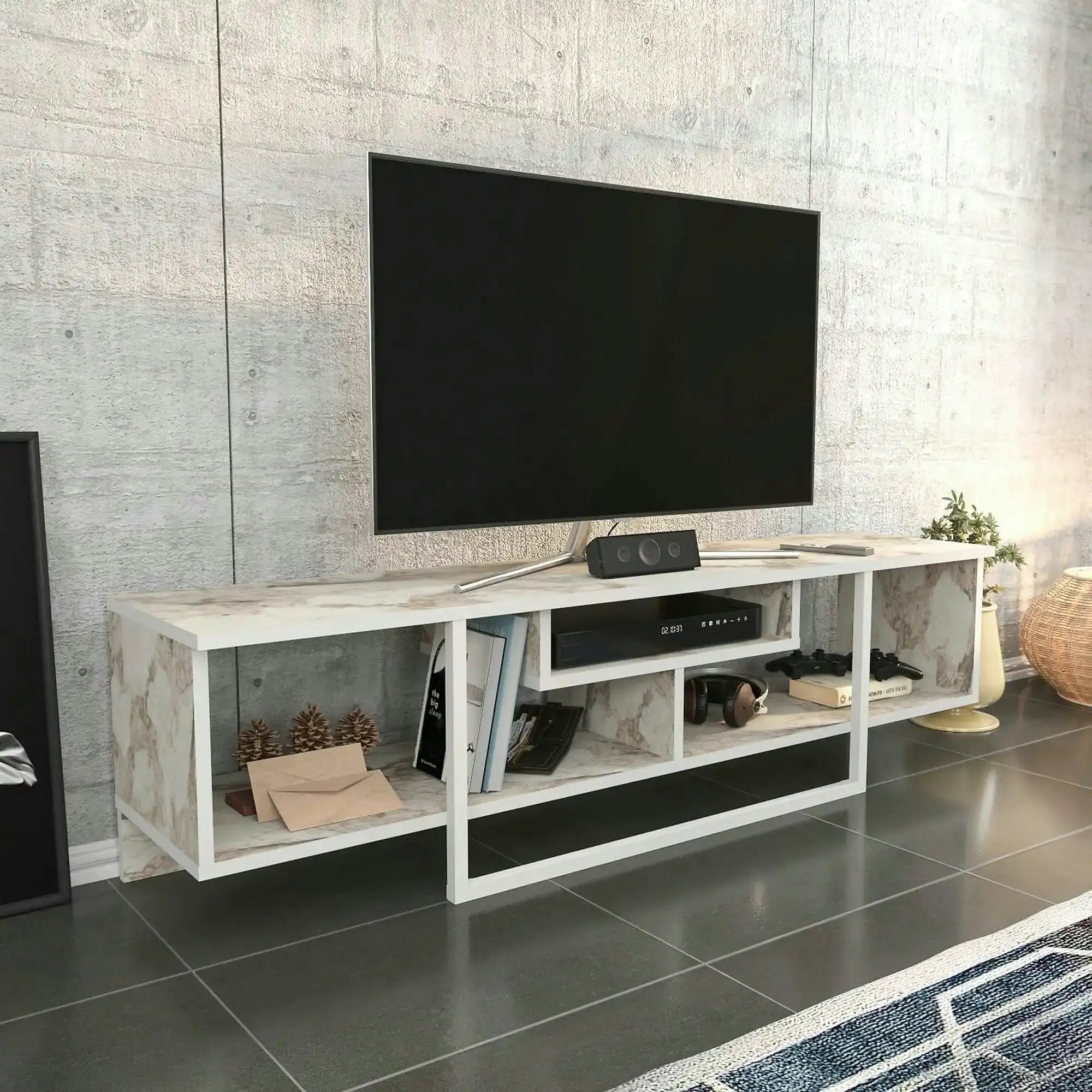Comoda TV ASAL 150, alb/bej, PAL melaminat, 150x35x40 cm