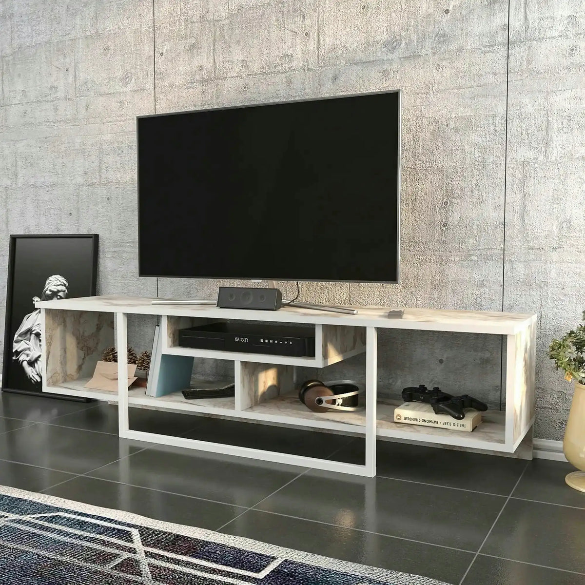 Comoda TV ASAL 150, alb/bej, PAL melaminat, 150x35x40 cm