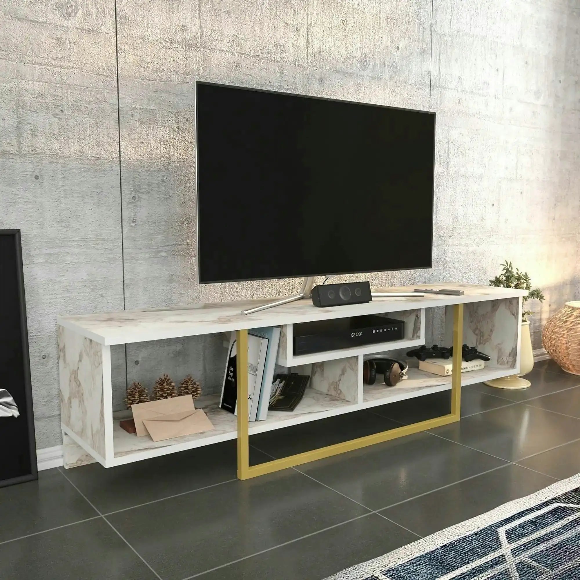 Comoda TV ASAL 150, bej/auriu, PAL melaminat, 150x35x40 cm