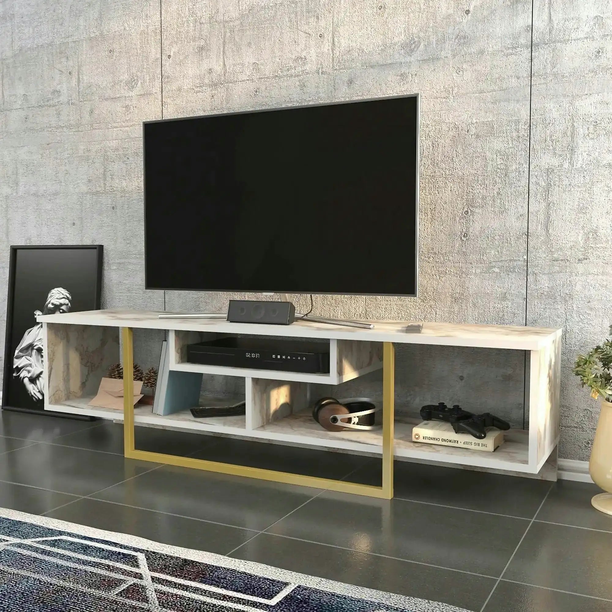 Comoda TV ASAL 150, bej/auriu, PAL melaminat, 150x35x40 cm