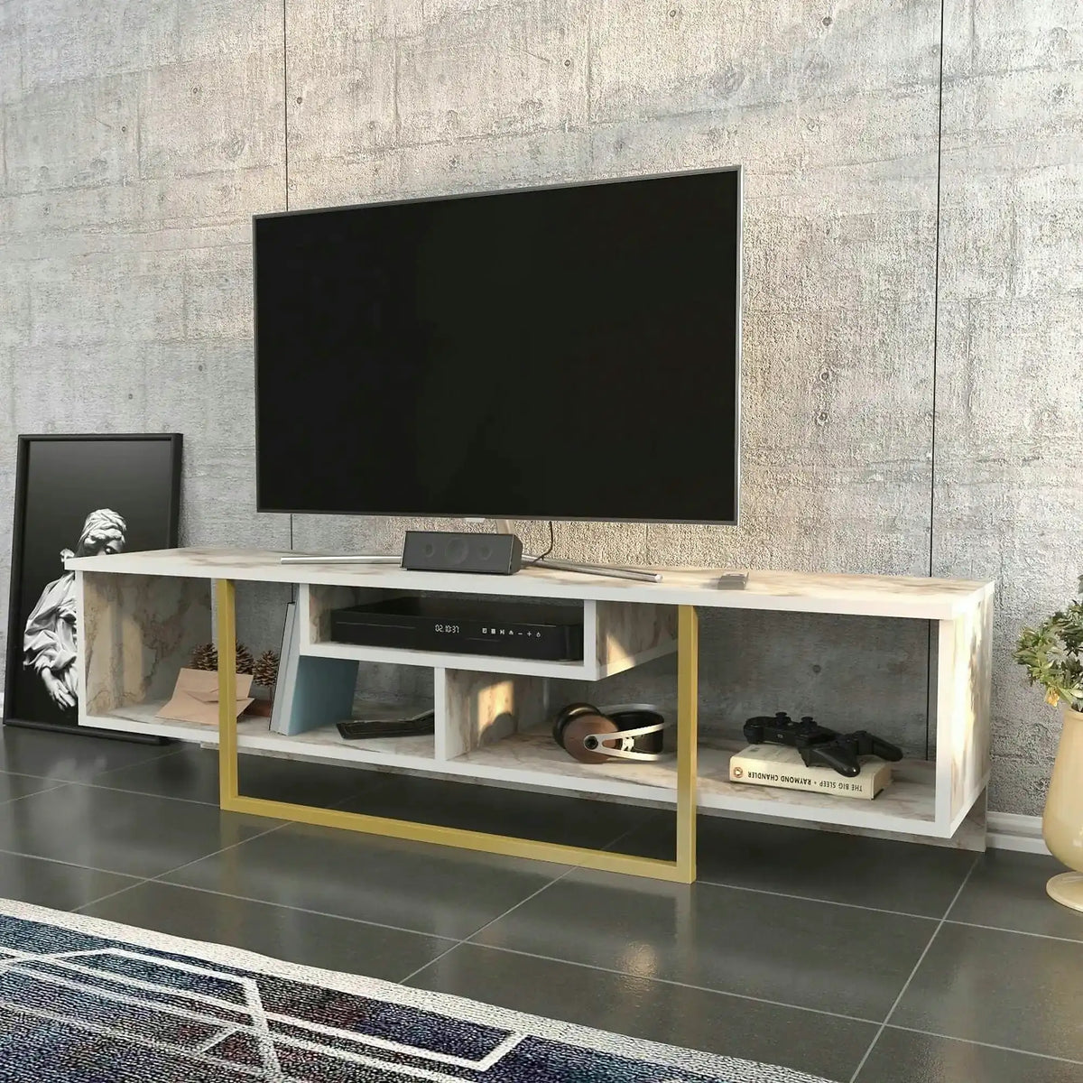 Comoda TV ASAL 150, bej/auriu, PAL melaminat, 150x35x40 cm