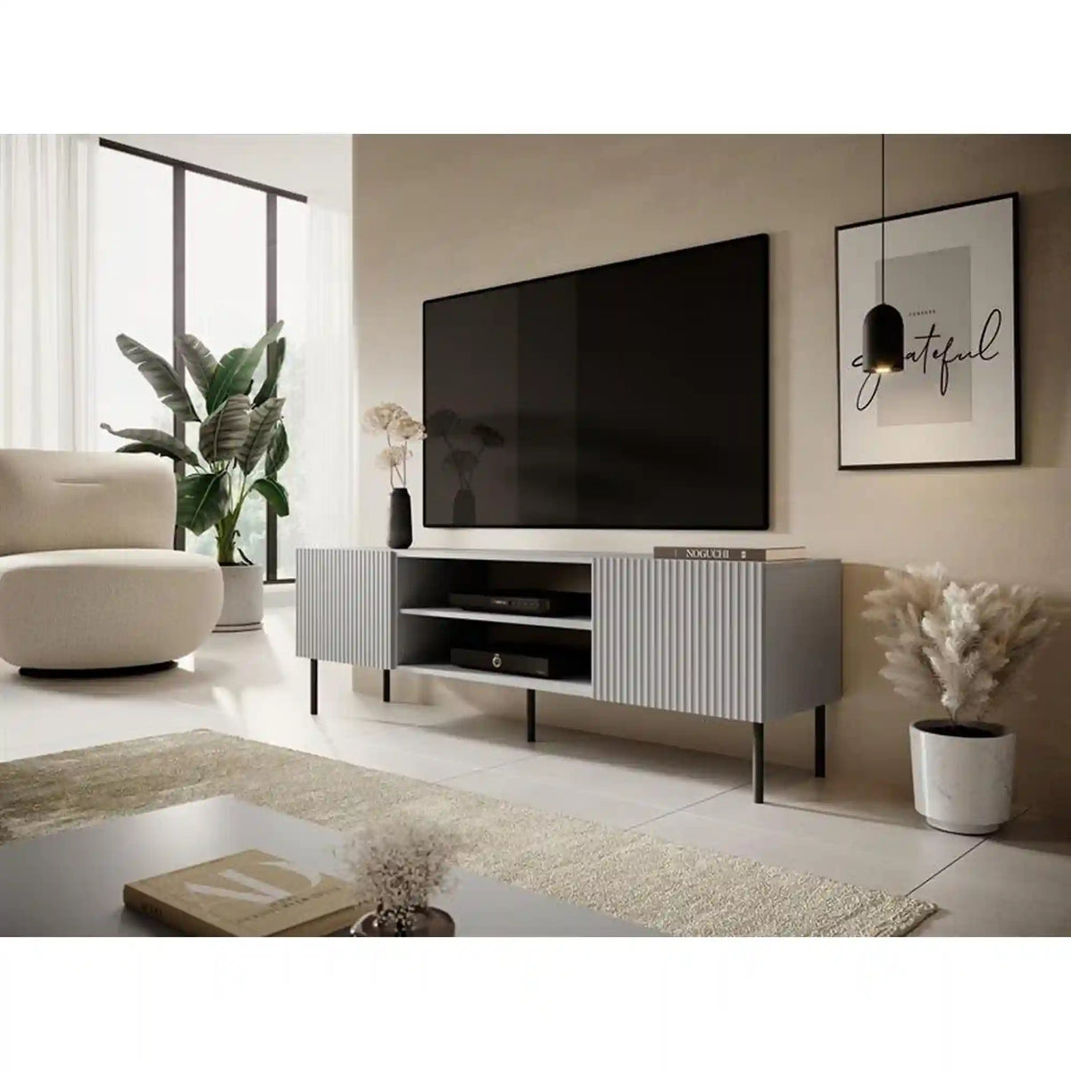 Comoda TV ASENSIO, gri mat/negru, PAL laminat, 180x42x57 cm