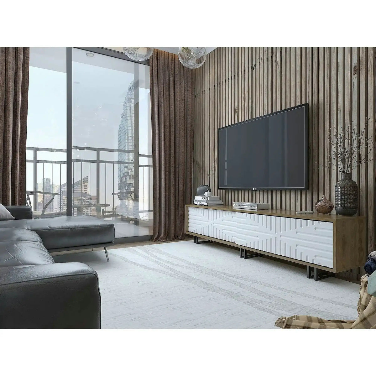 Comoda TV Askal, stejar/alb, PAL melaminat/metal, 180x35x47 cm