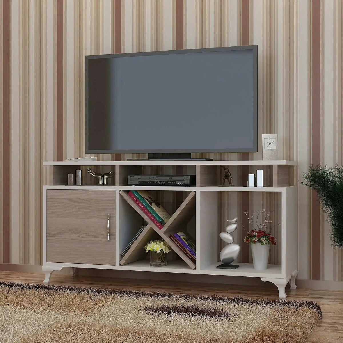 Comoda TV AY, alb/stejar, PAL melaminat, 120x30x54 cm