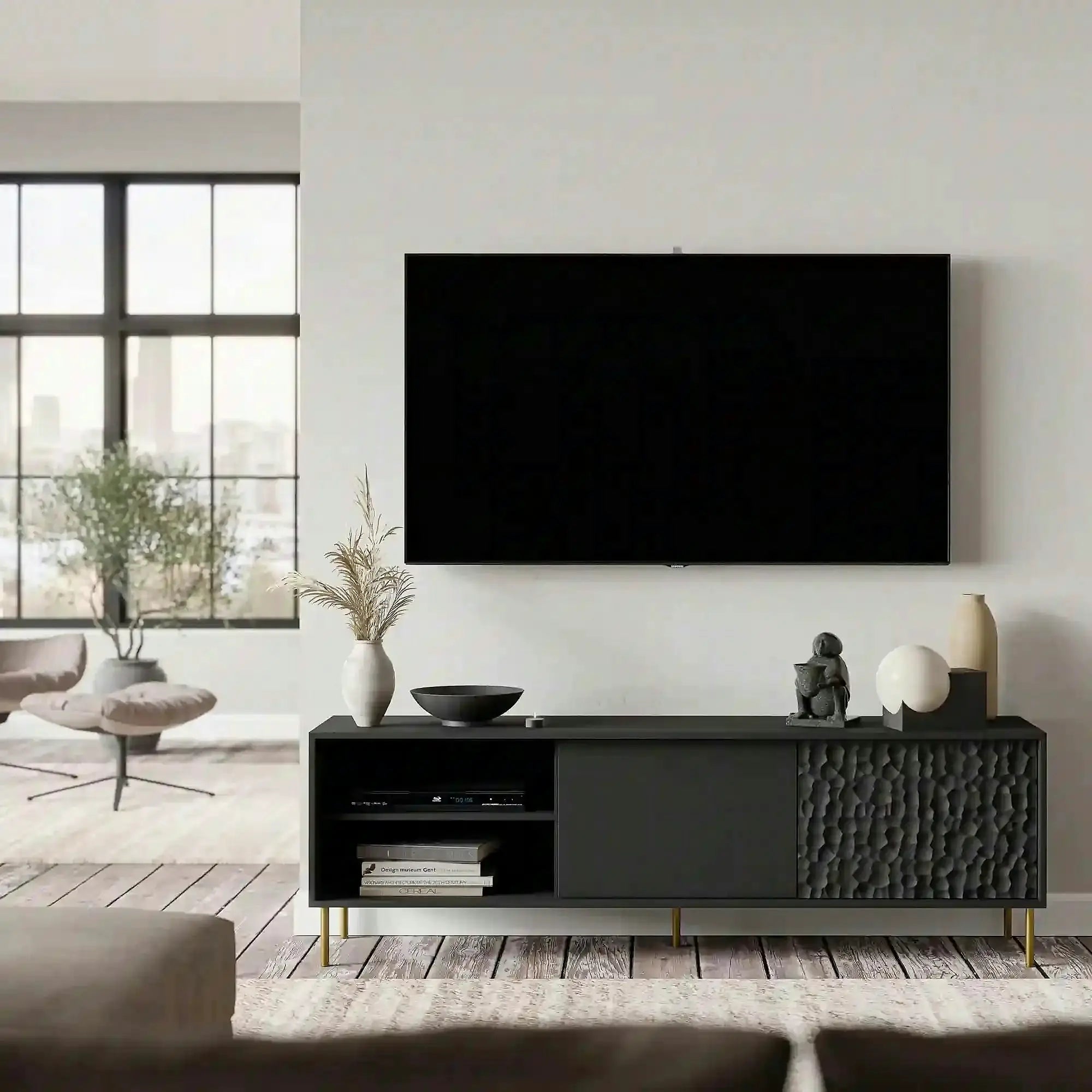 Comoda TV BULLET, negru/auriu, PAL laminat, 180x41x58 cm