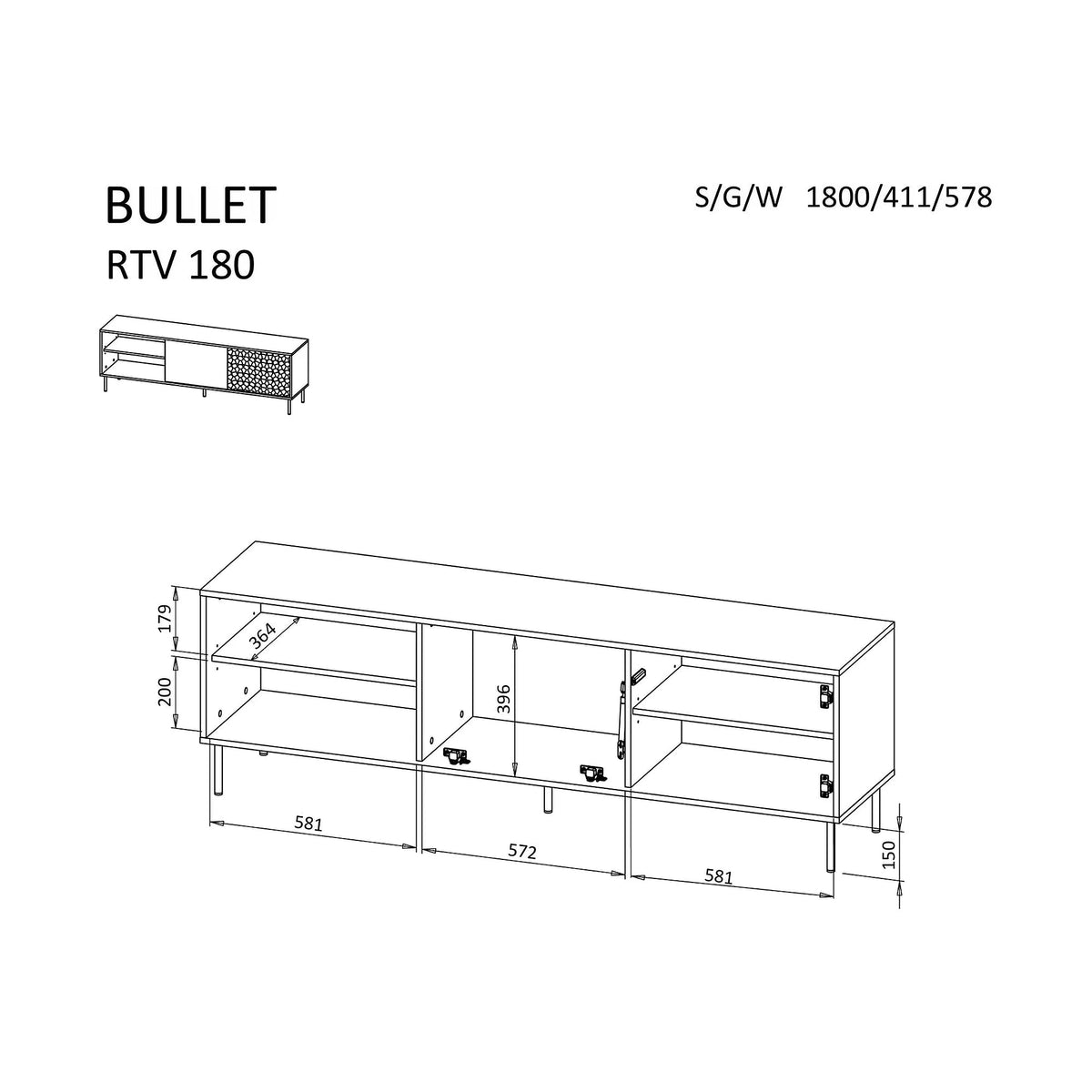Comoda TV BULLET, negru/auriu, PAL laminat, 180x41x58 cm
