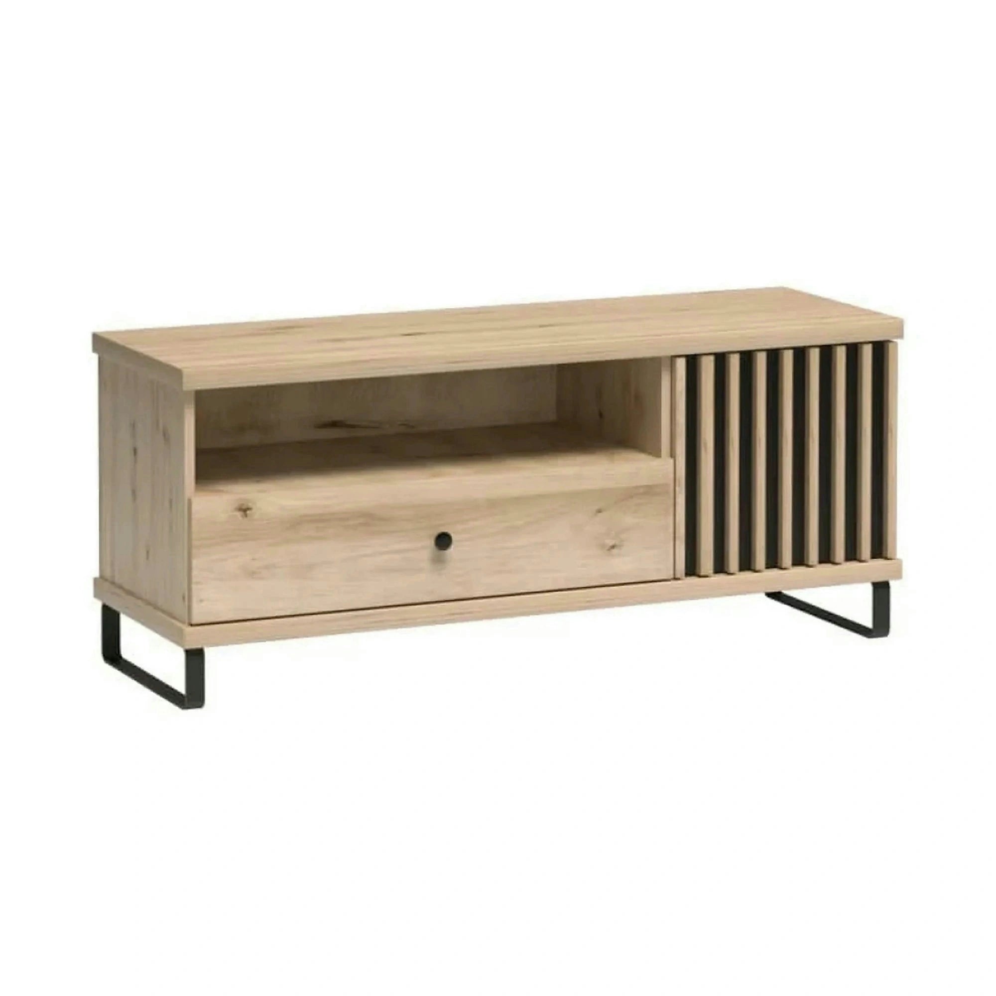 Comoda TV CALI C7, stejar arisan/negru, PAL, cu un sertar si o usa, 124x40.6x43.4 cm