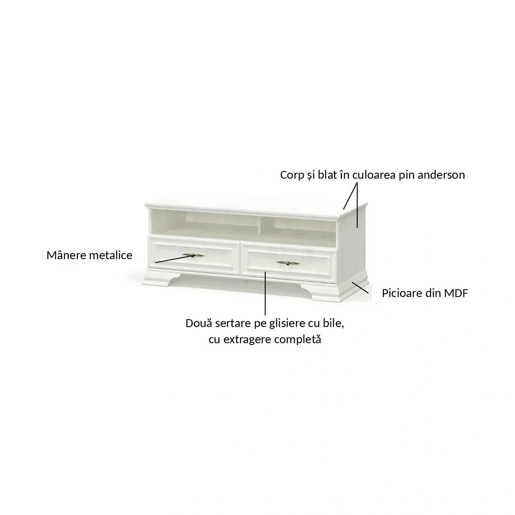 Comoda TV clasica IRYS, pin alb anderson, PAL laminat, 121x51x47 cm