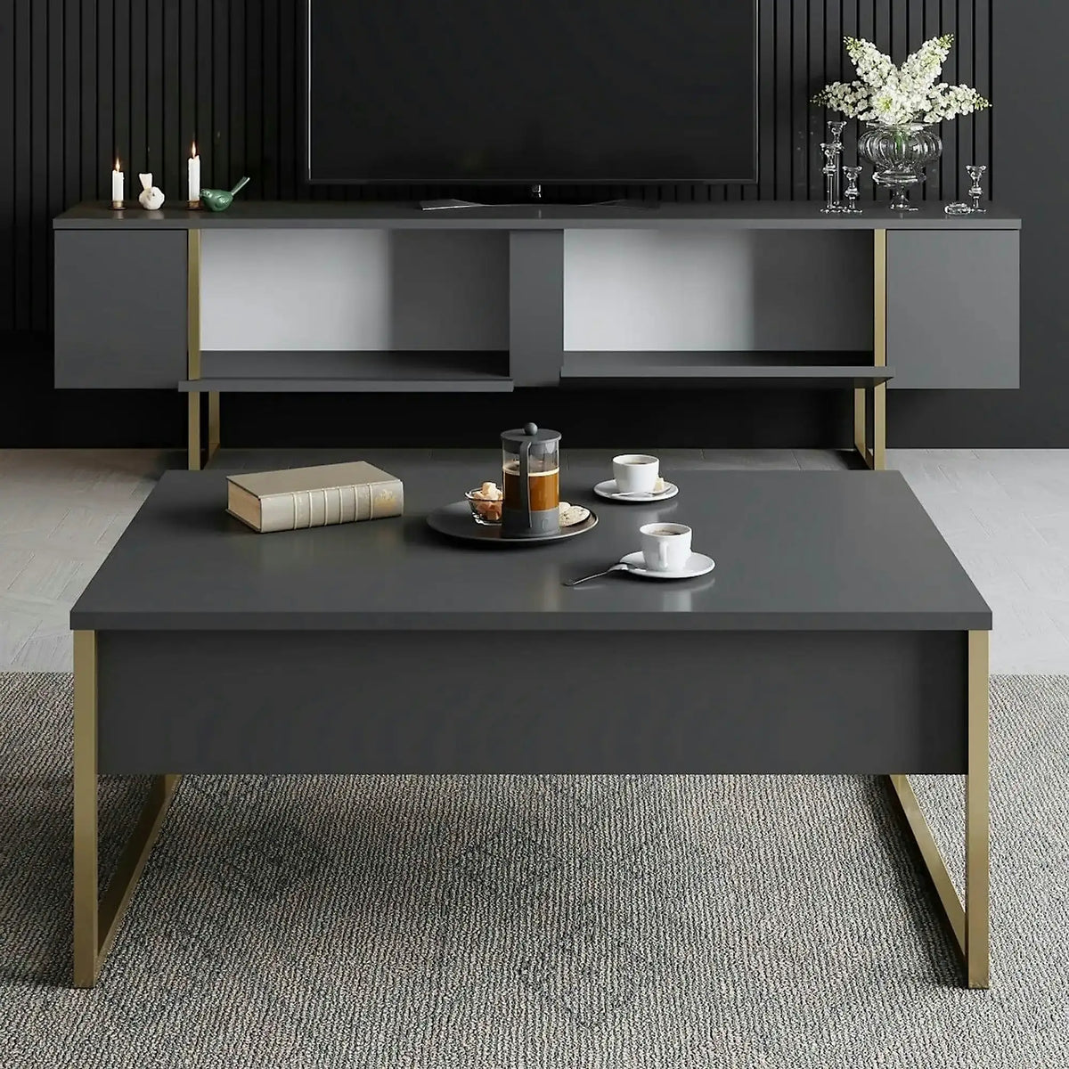 Comoda tv cu usi LUXE, gri antracit/auriu, PAL/metal, 180x50x30 cm