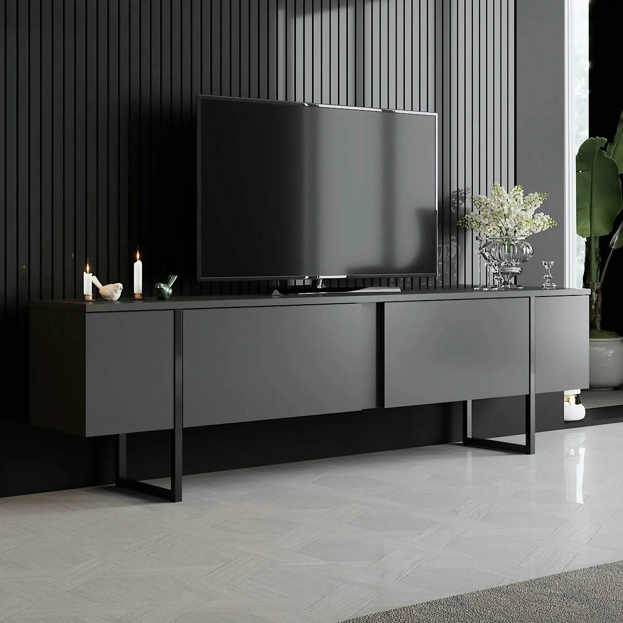 Comoda TV cu usi LUXE, gri antracit/negru, PAL, 180x30x50 cm