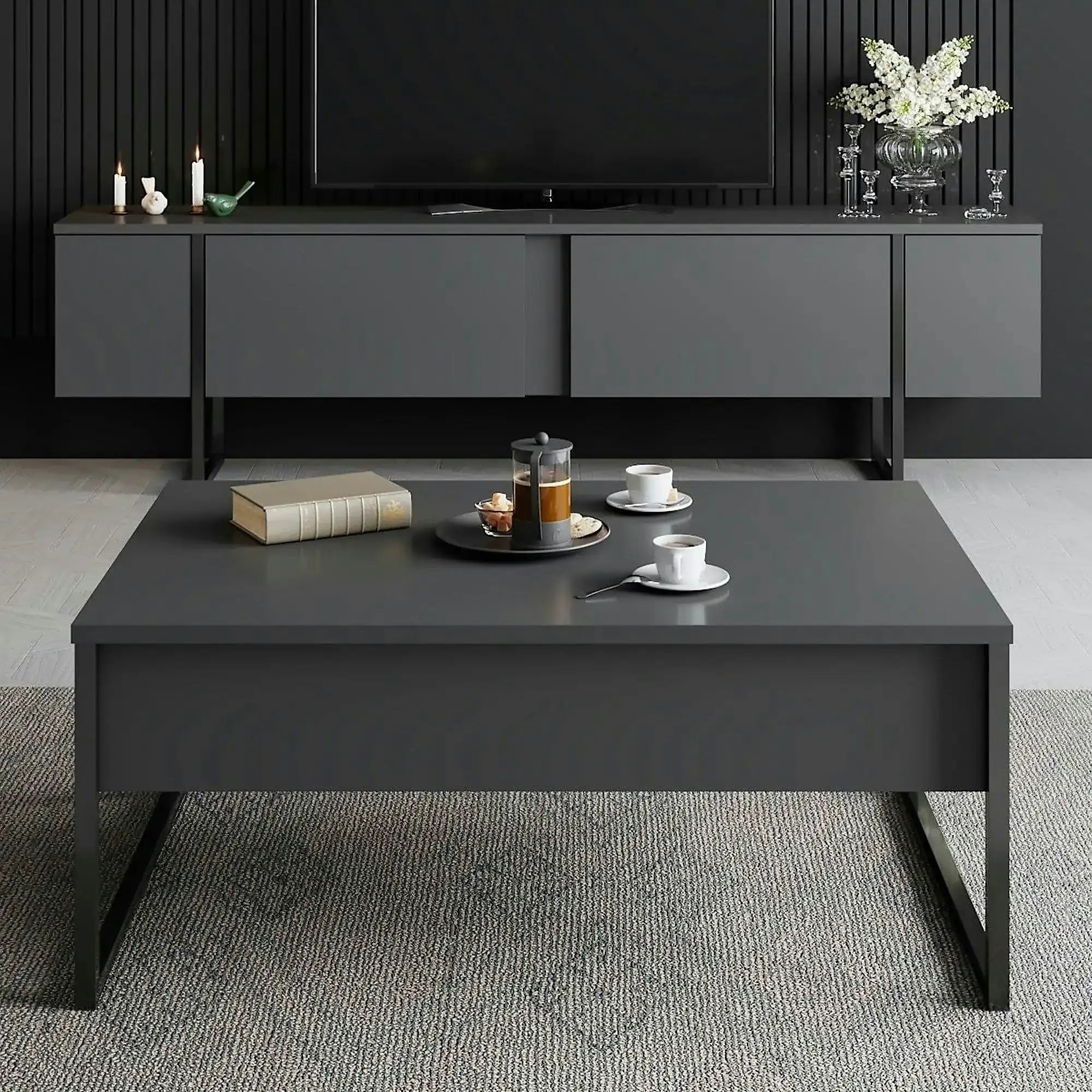 Comoda TV cu usi LUXE, gri antracit/negru, PAL, 180x30x50 cm