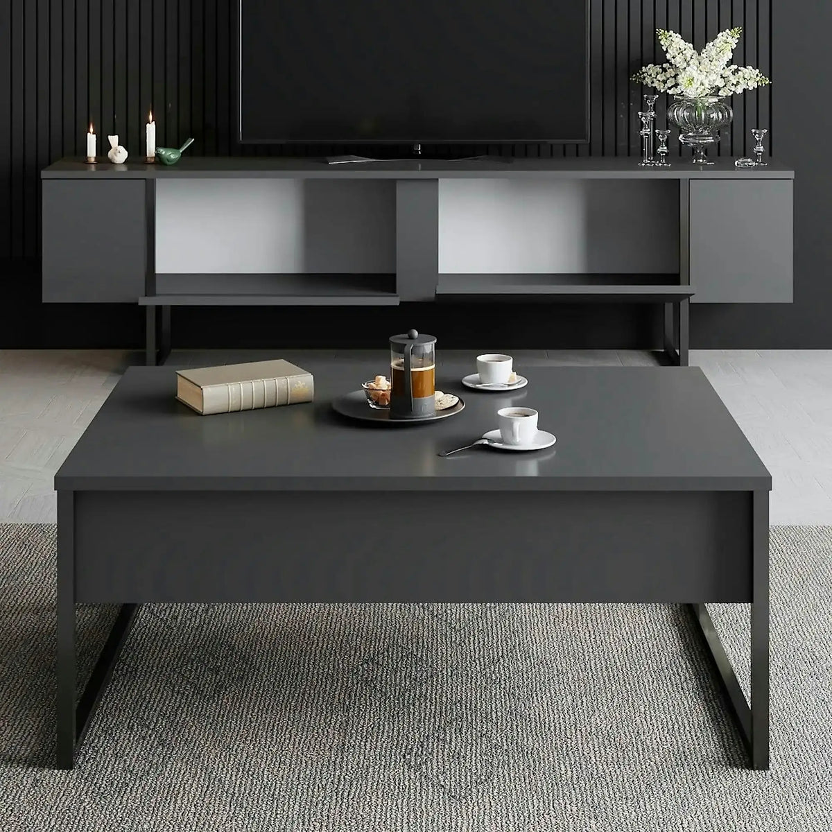 Comoda TV cu usi LUXE, gri antracit/negru, PAL, 180x30x50 cm