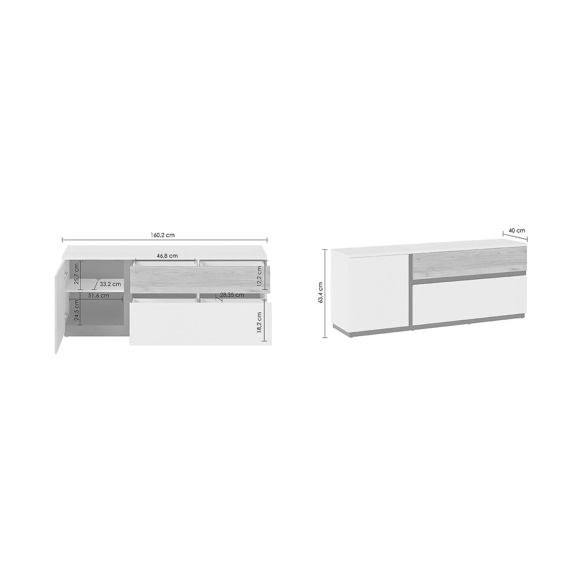 Comoda TV DUKE, alb/stejar, PAL laminat, 160x40x63 cm