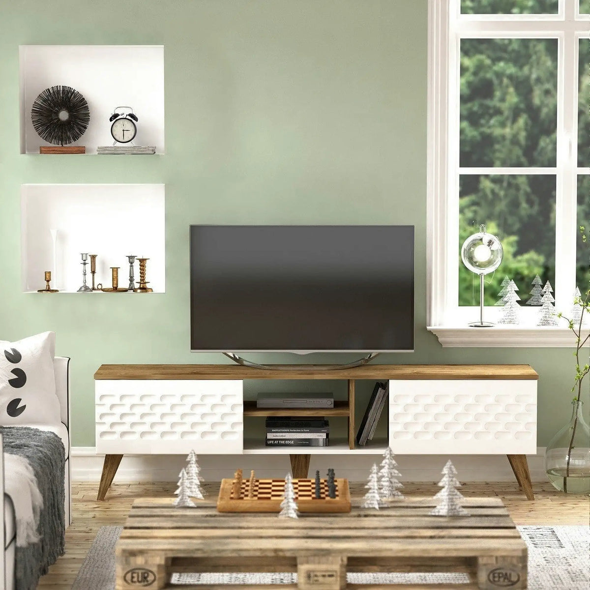 Comoda TV Egg, stejar/alb, PAL melaminat, 180x35x53 cm
