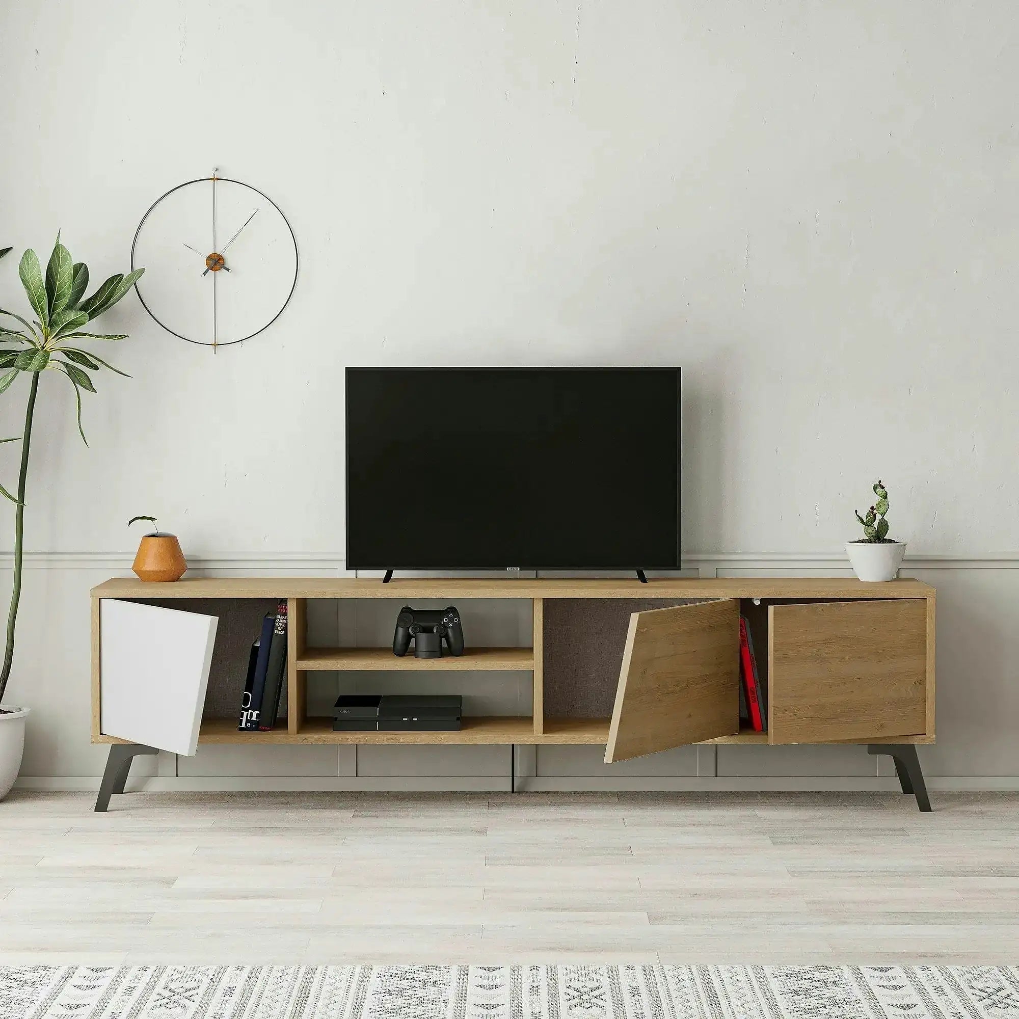 Comoda TV FIONA, stejar/alb, PAL melaminat, 180x36x48 cm
