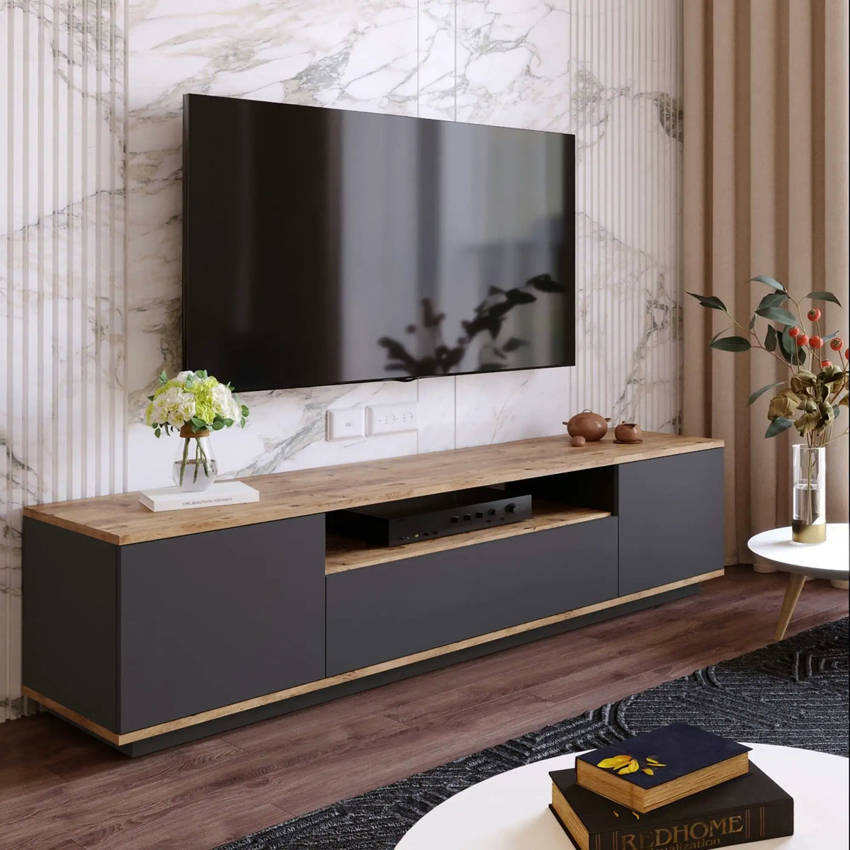 Comoda TV FR7 - AA, stejar/gri antracit, PAL melaminat, 180x45x45 cm