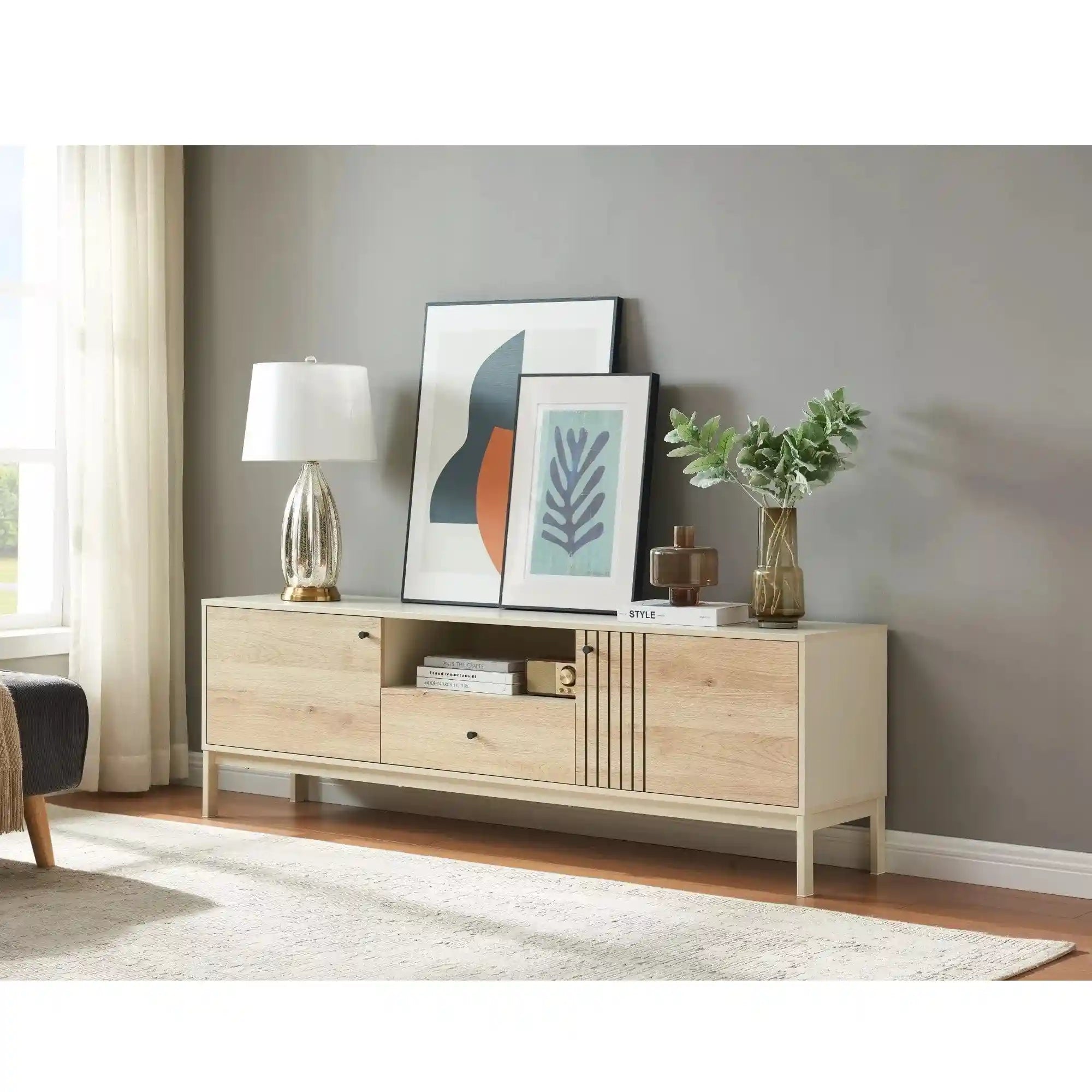 Comoda TV FROST 1, stejar alpin/alb, PAL/metal, 180x40x58 cm