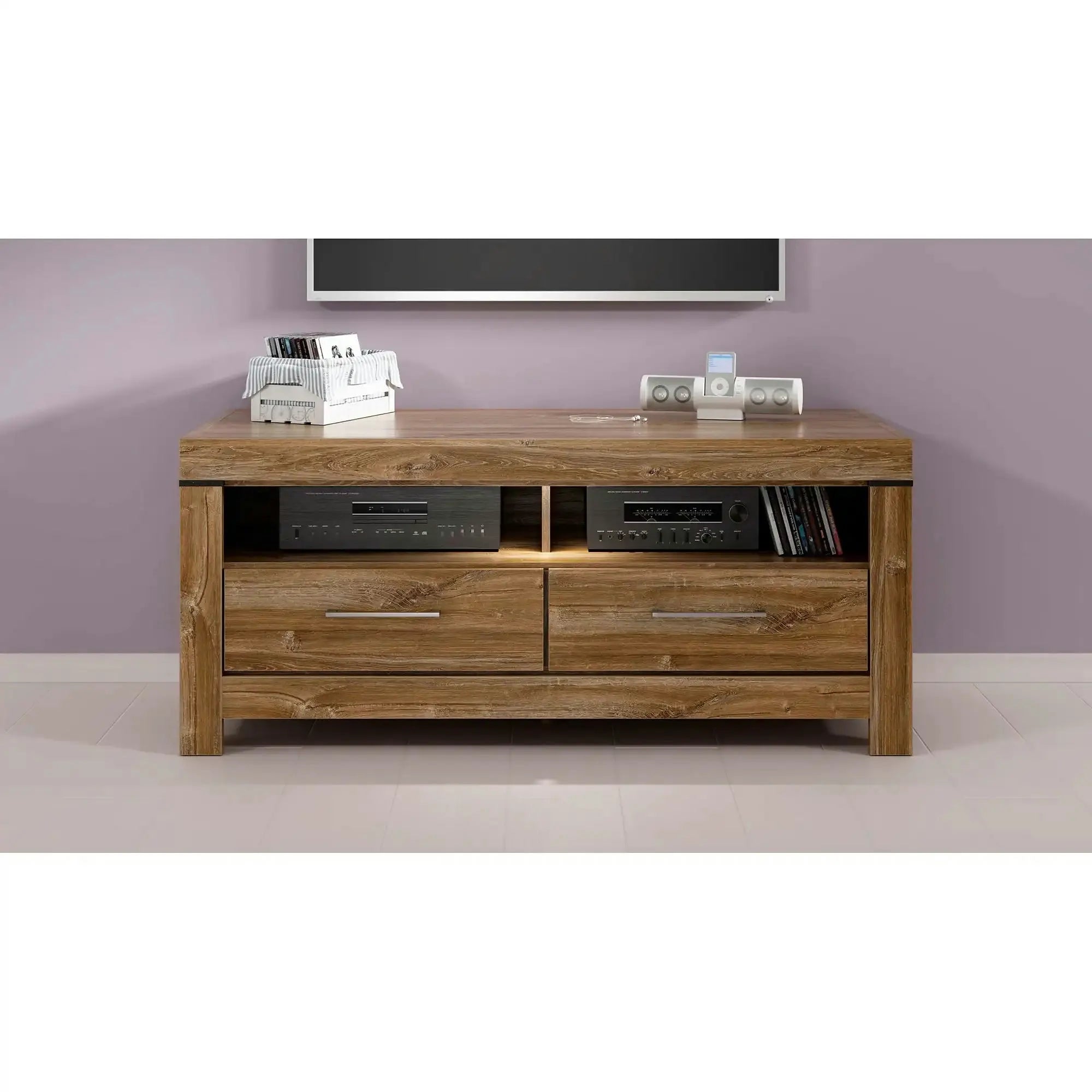 Comoda TV GENT, stejar, PAL, cu iluminare LED, 139x54x60 cm