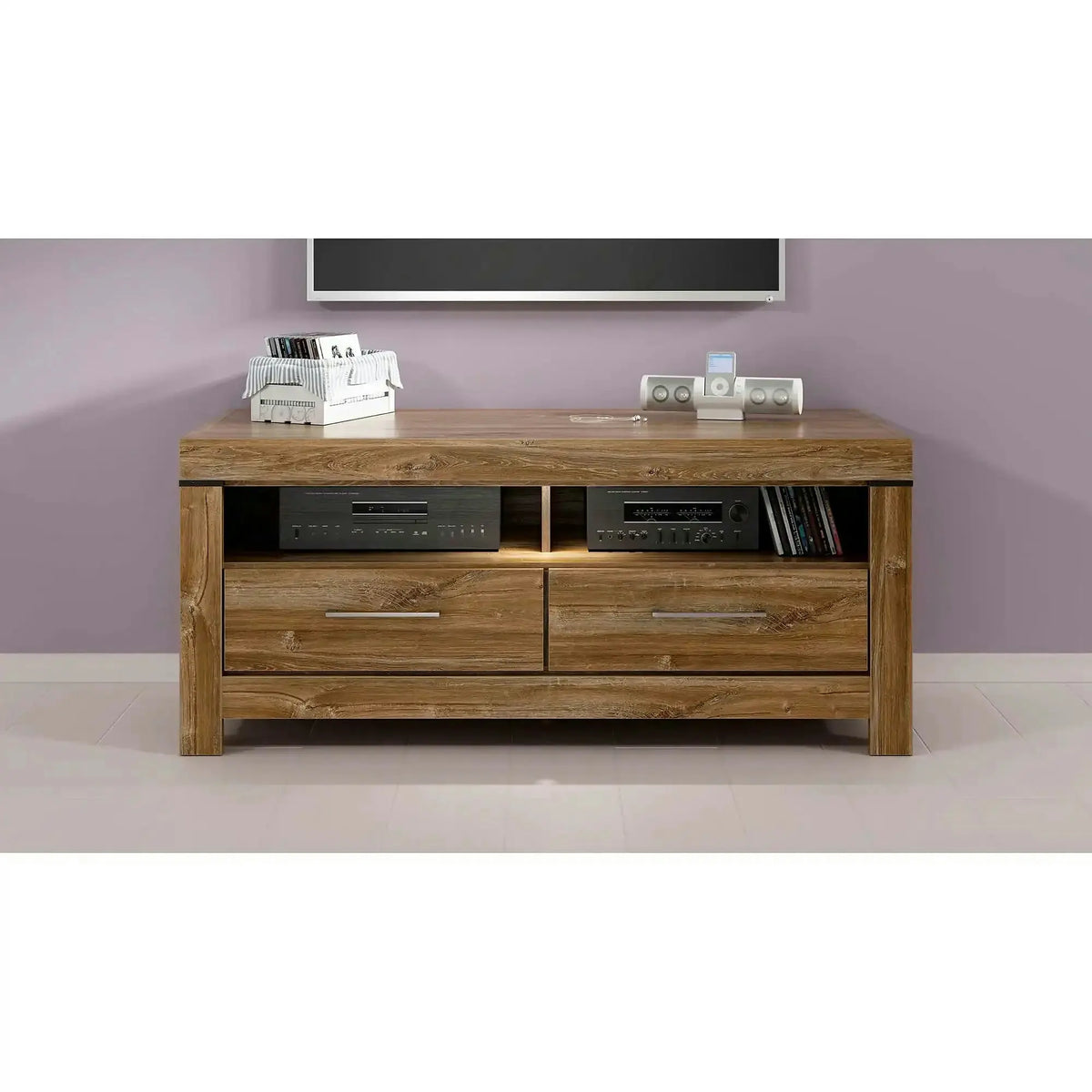 Comoda TV GENT, stejar, PAL, cu iluminare LED, 139x54x60 cm