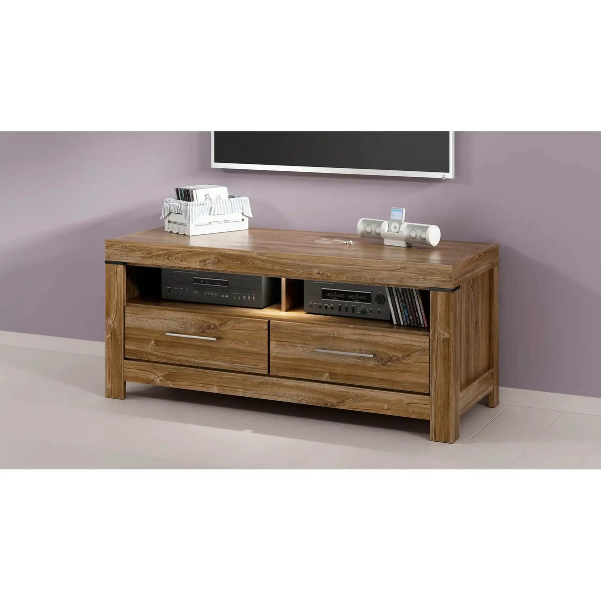 Comoda TV GENT, stejar, PAL, cu iluminare LED, 139x54x60 cm