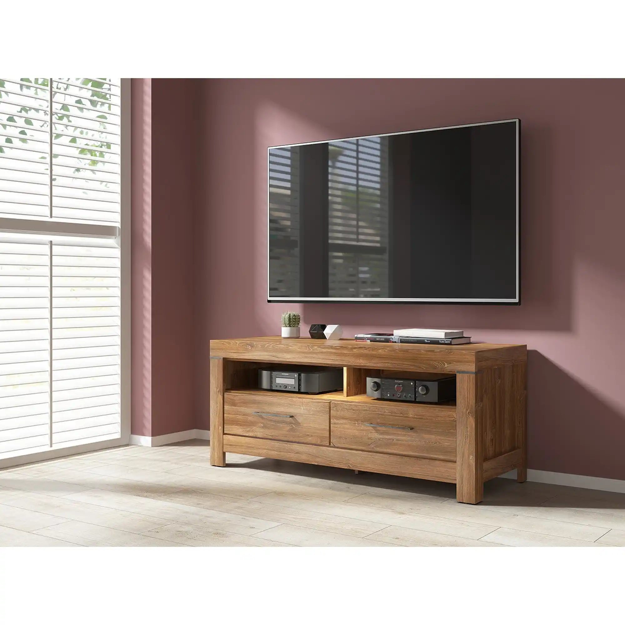 Comoda TV GENT, stejar, PAL, cu iluminare LED, 139x54x60 cm