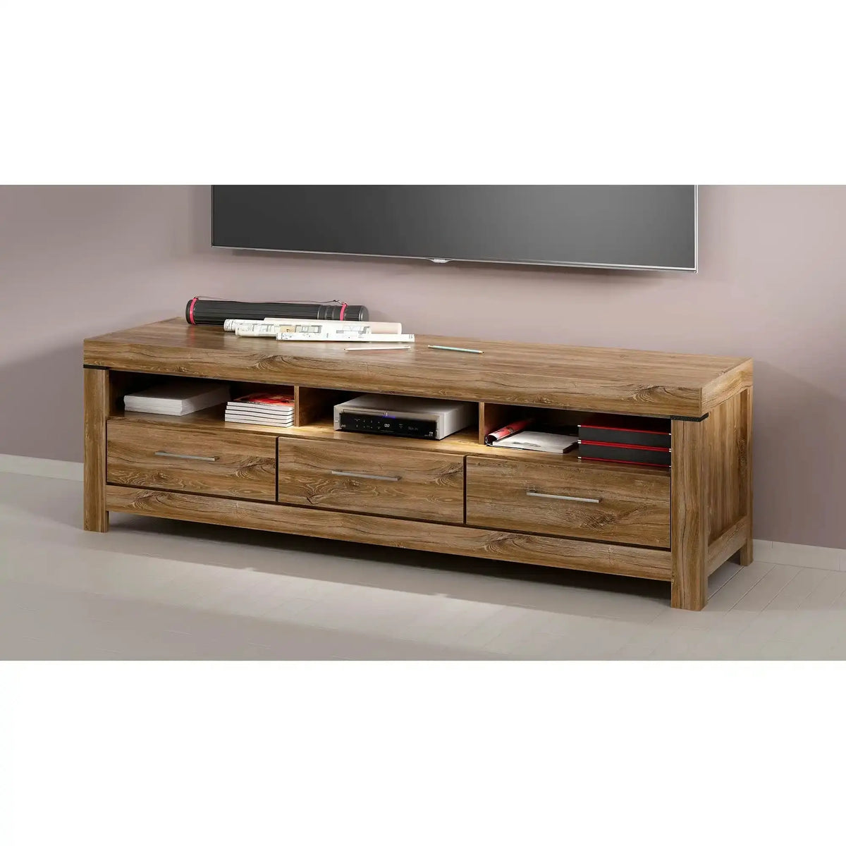Comoda TV GENT, stejar, PAL, cu iluminare LED, 200x54x60 cm