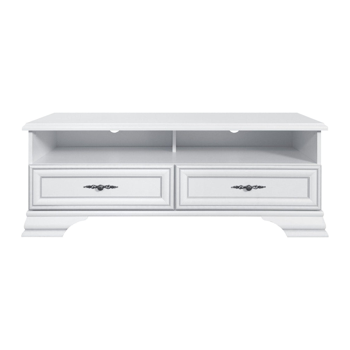 Mobilier living alb clasic IDENTO 7, format din vitrina, dulap, comoda, masuta cafea si comoda TV