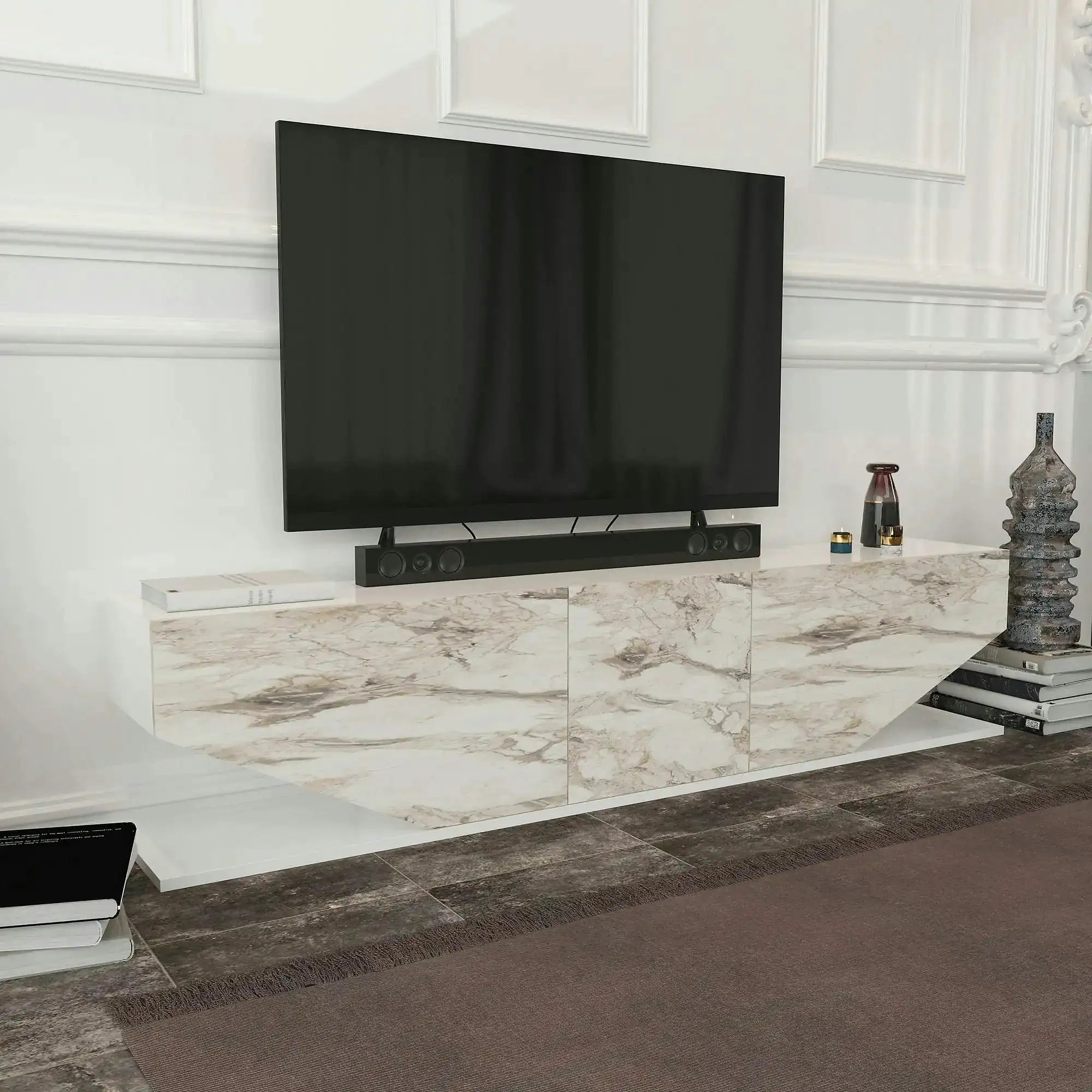 Comoda TV INCI, alb cu efect de marmura, PAL melaminat, 180x30x45 cm